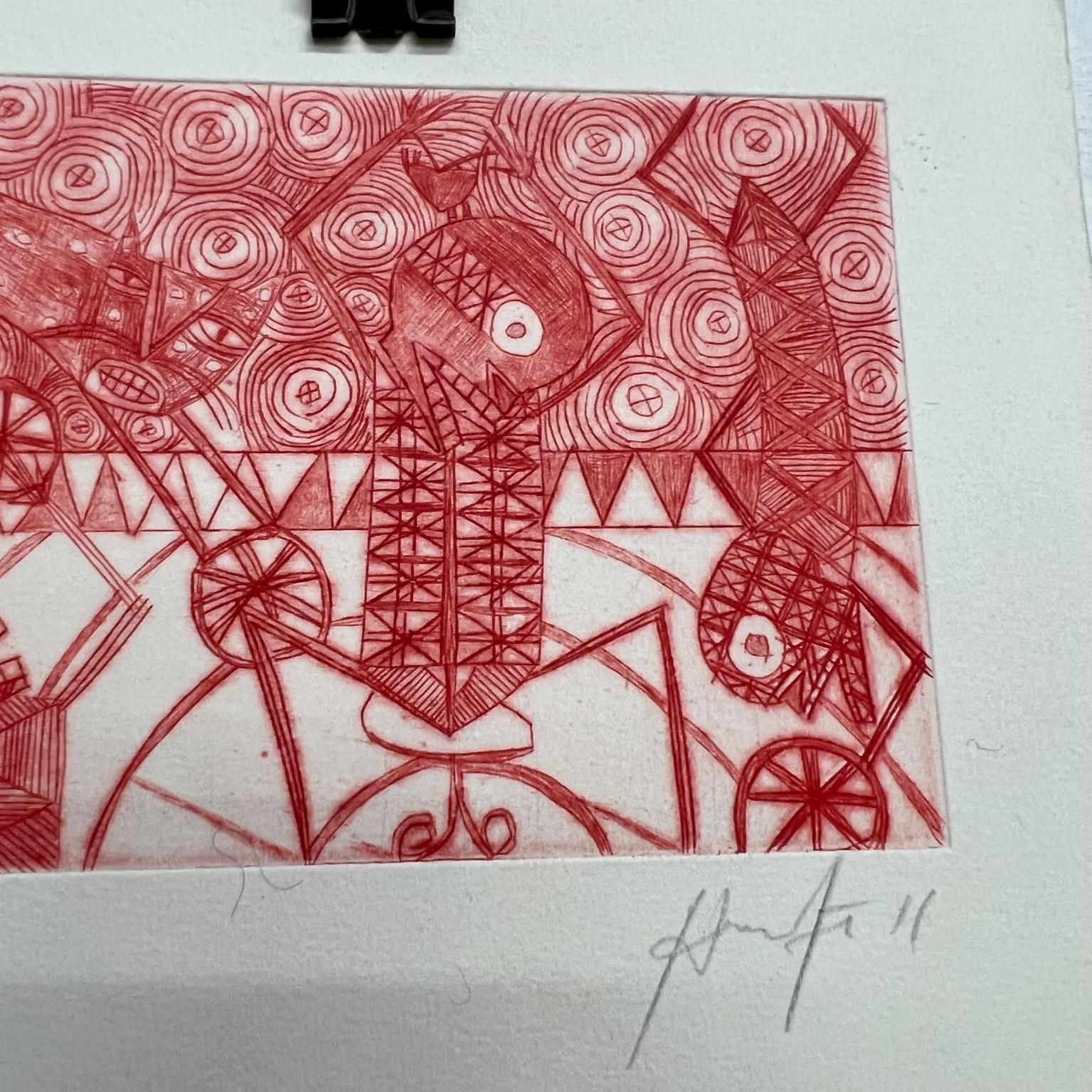 Papier Art moderne mexicain imprimé sur bois rouge 11/50 Drawing 5 Oaxaca, Mexique en vente