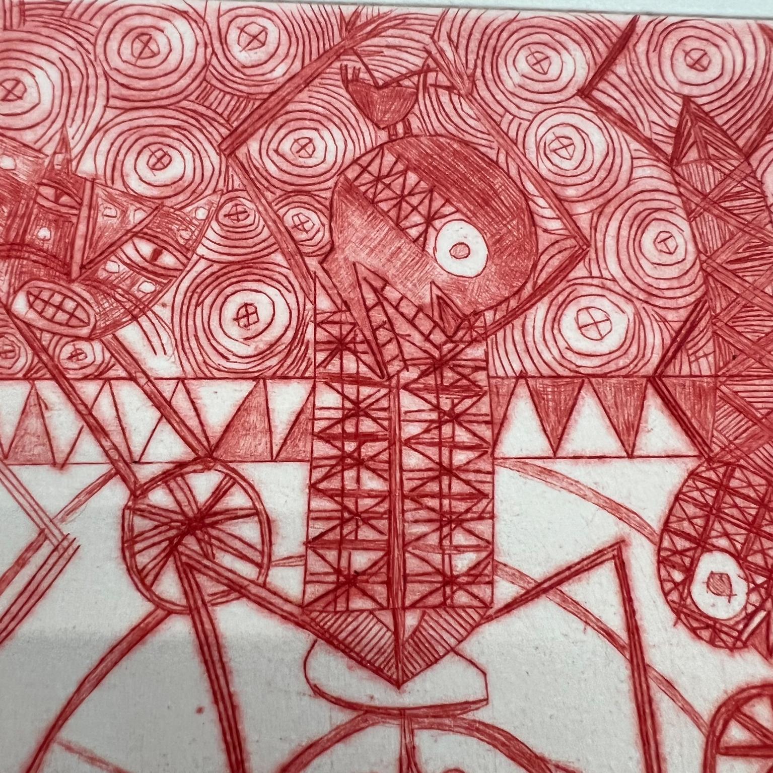 Mexican Modern Art Woodblock Print 11/50 Red Drawing 5 Oaxaca, Mexico For Sale 3