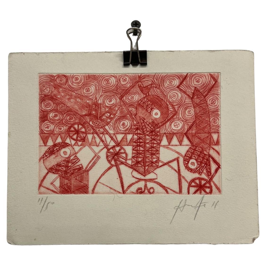 Art moderne mexicain imprimé sur bois rouge 11/50 Drawing 5 Oaxaca, Mexique en vente