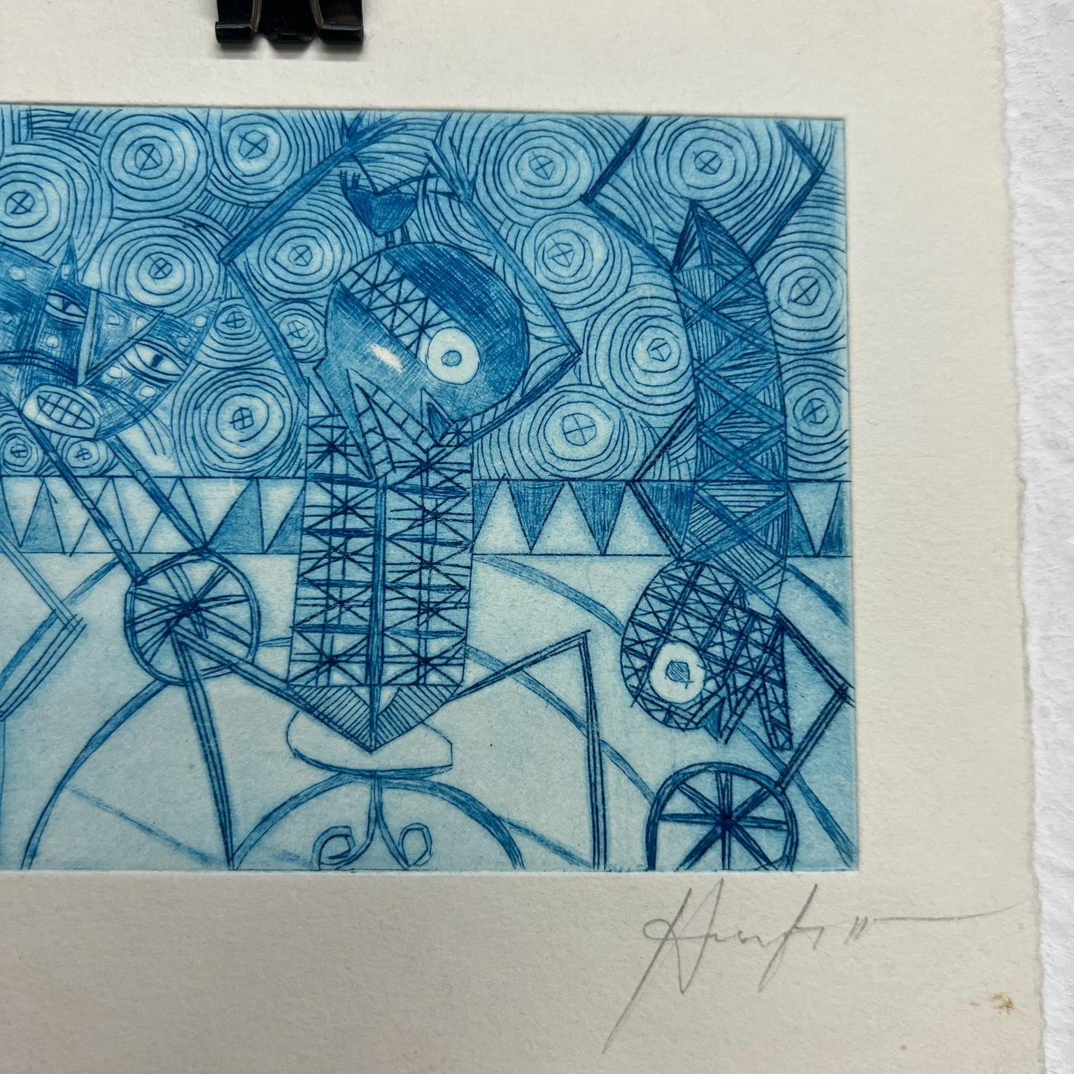 Moderne Art moderne mexicain imprimé bloc de bois, 23/50, dessin bleu, 6 Oaxaca, Mexique en vente