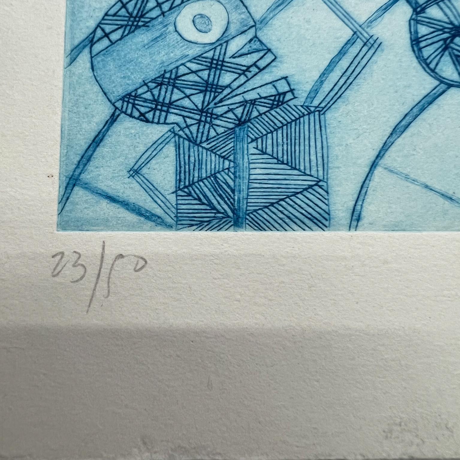 Fin du 20e siècle Art moderne mexicain imprimé bloc de bois, 23/50, dessin bleu, 6 Oaxaca, Mexique en vente