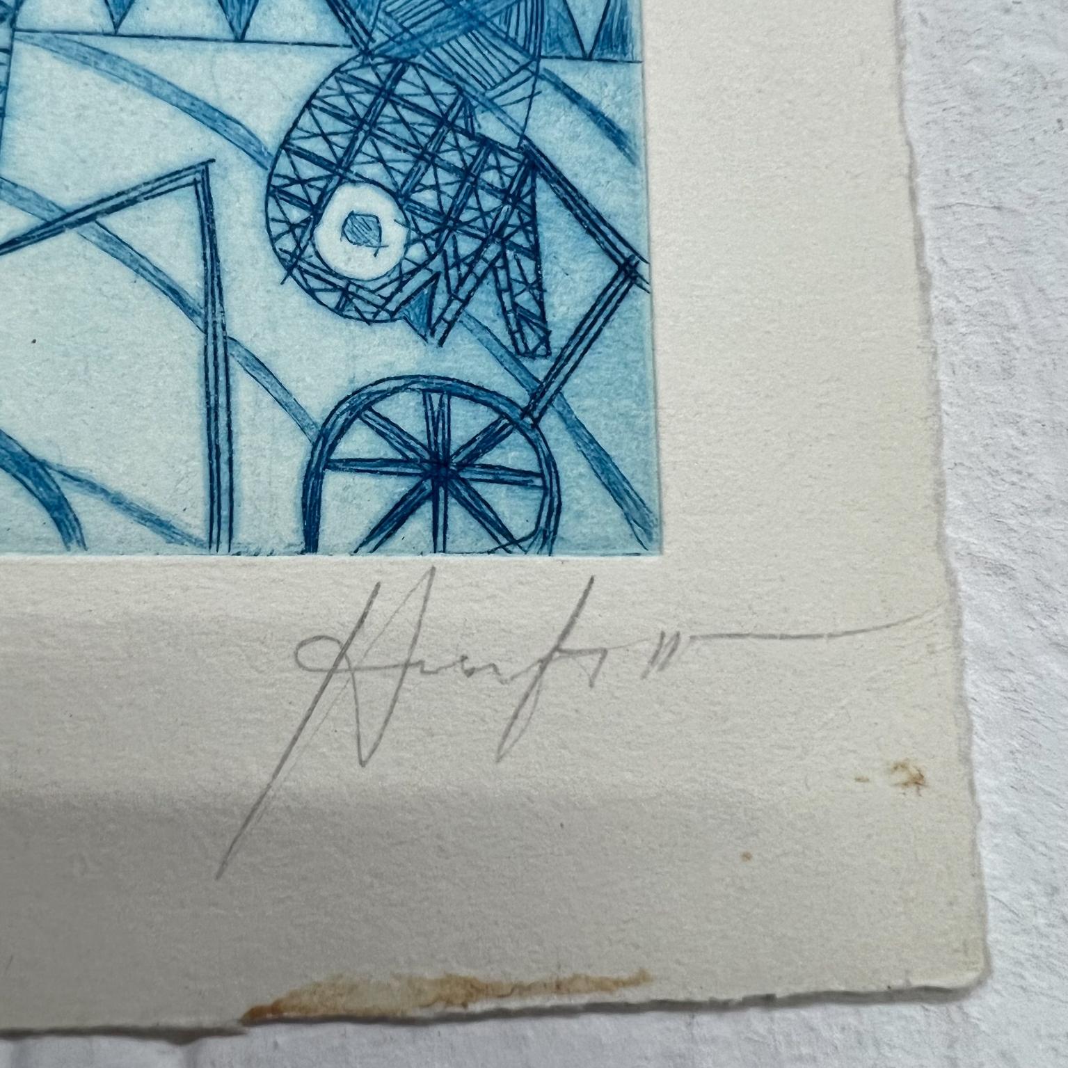 Papier Art moderne mexicain imprimé bloc de bois, 23/50, dessin bleu, 6 Oaxaca, Mexique en vente