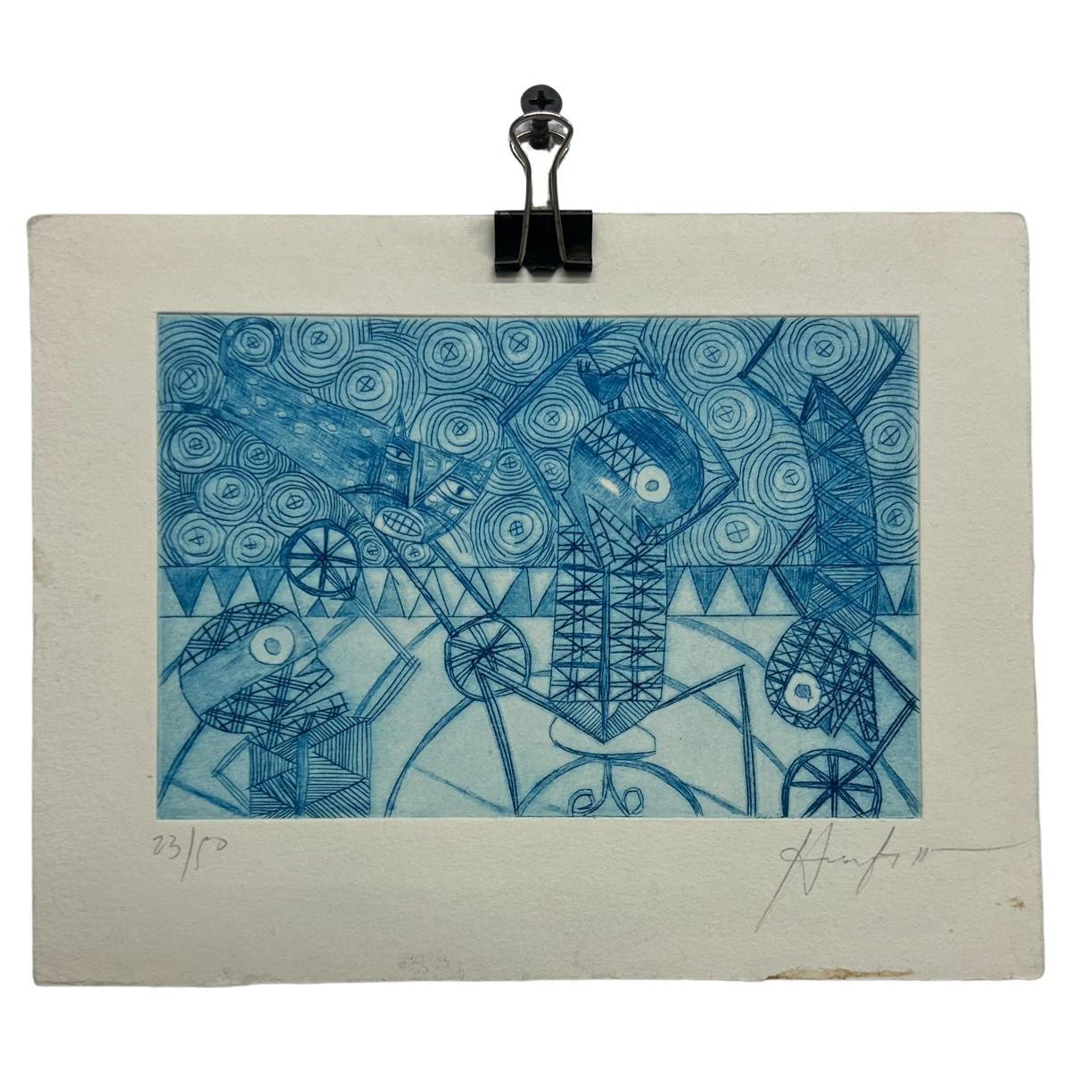 Art moderne mexicain imprimé bloc de bois, 23/50, dessin bleu, 6 Oaxaca, Mexique en vente