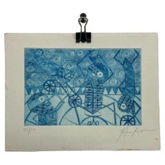 Mexican Modern Art Woodblock Print 23/50 Blue Drawing 6 Oaxaca, Mexico