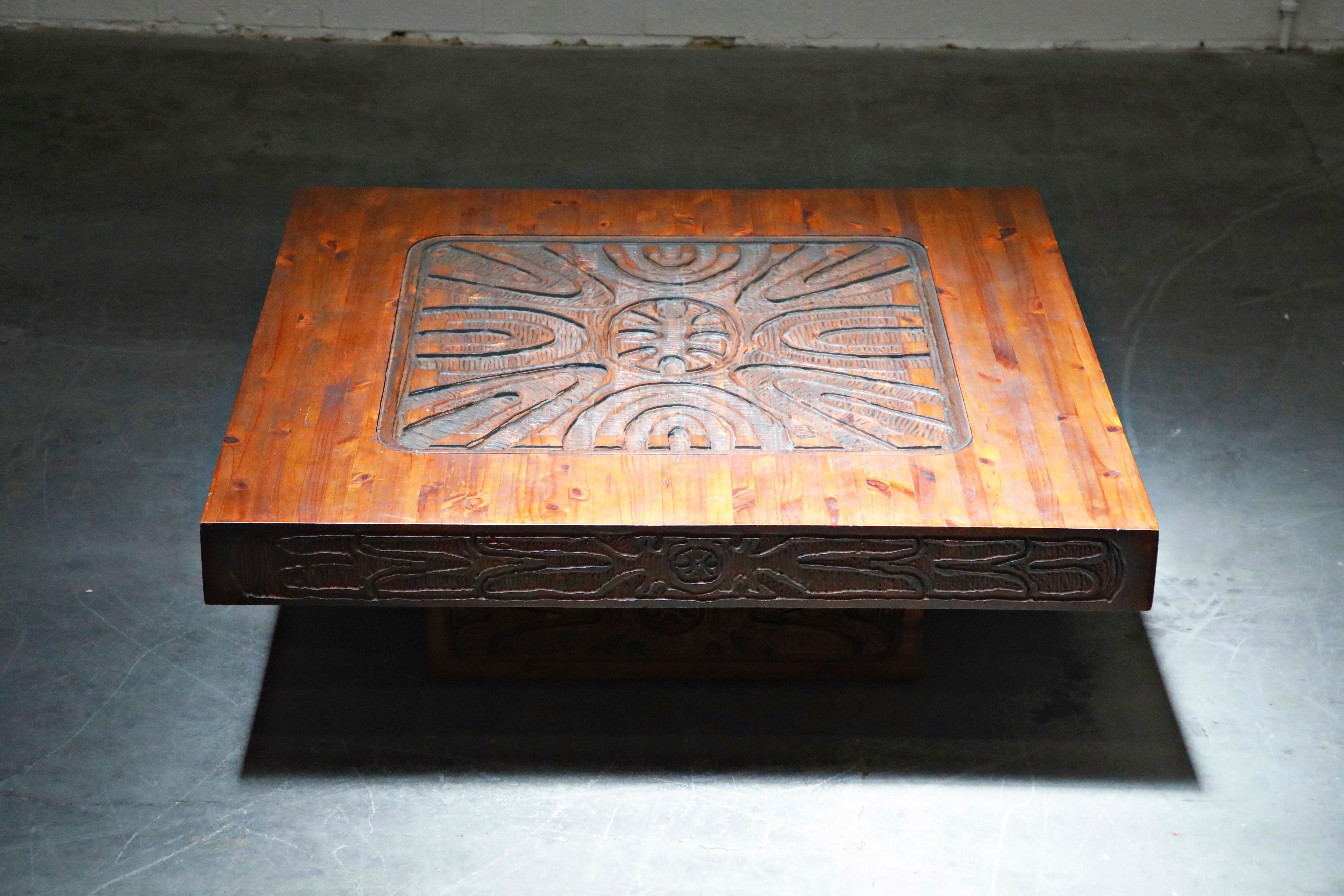Mexican Modern Carved Wood Coffee Table, circa 1970s 3