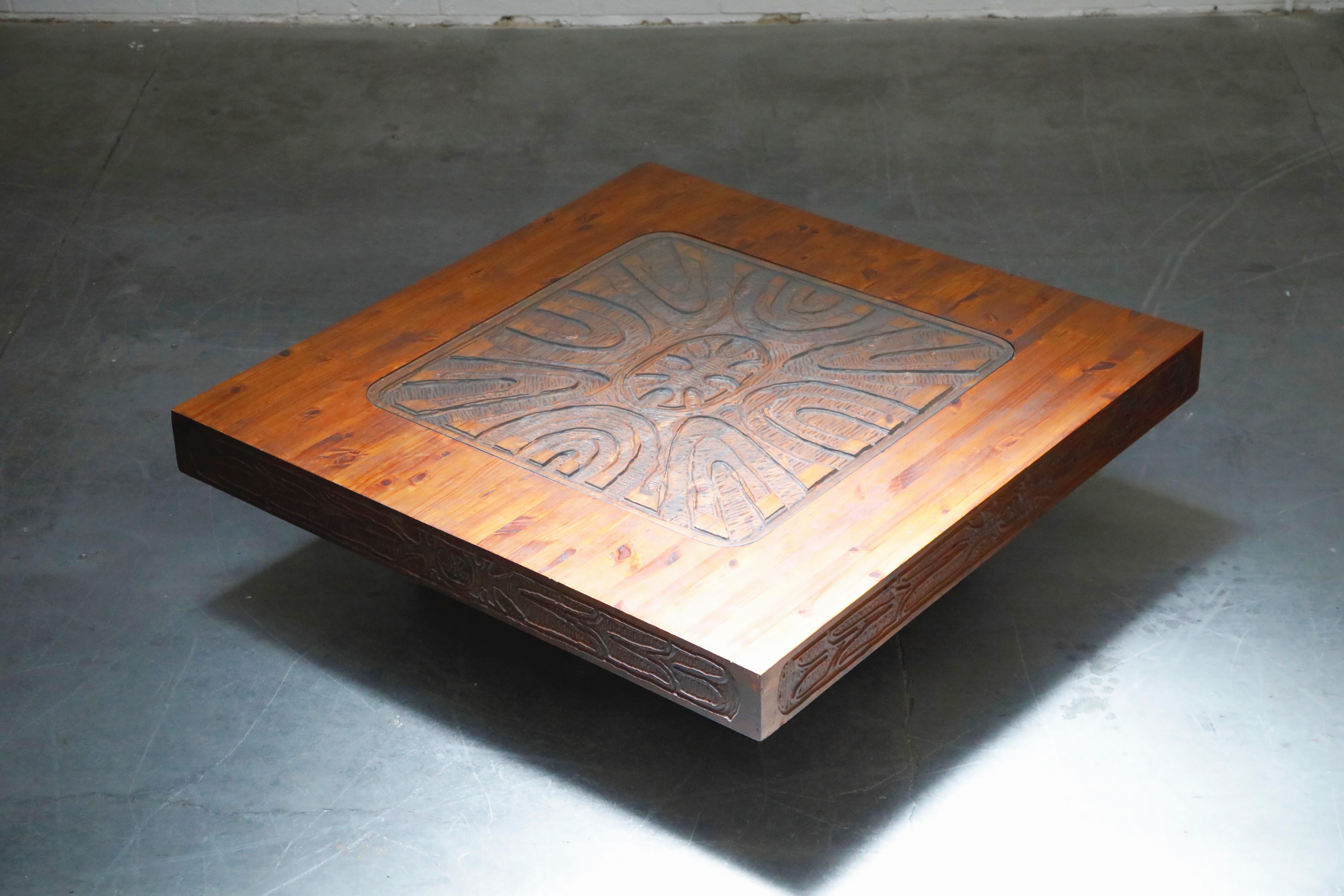 This incredible Mexican modern carved wood coffee table is from circa 1970s, featuring a hefty 53+