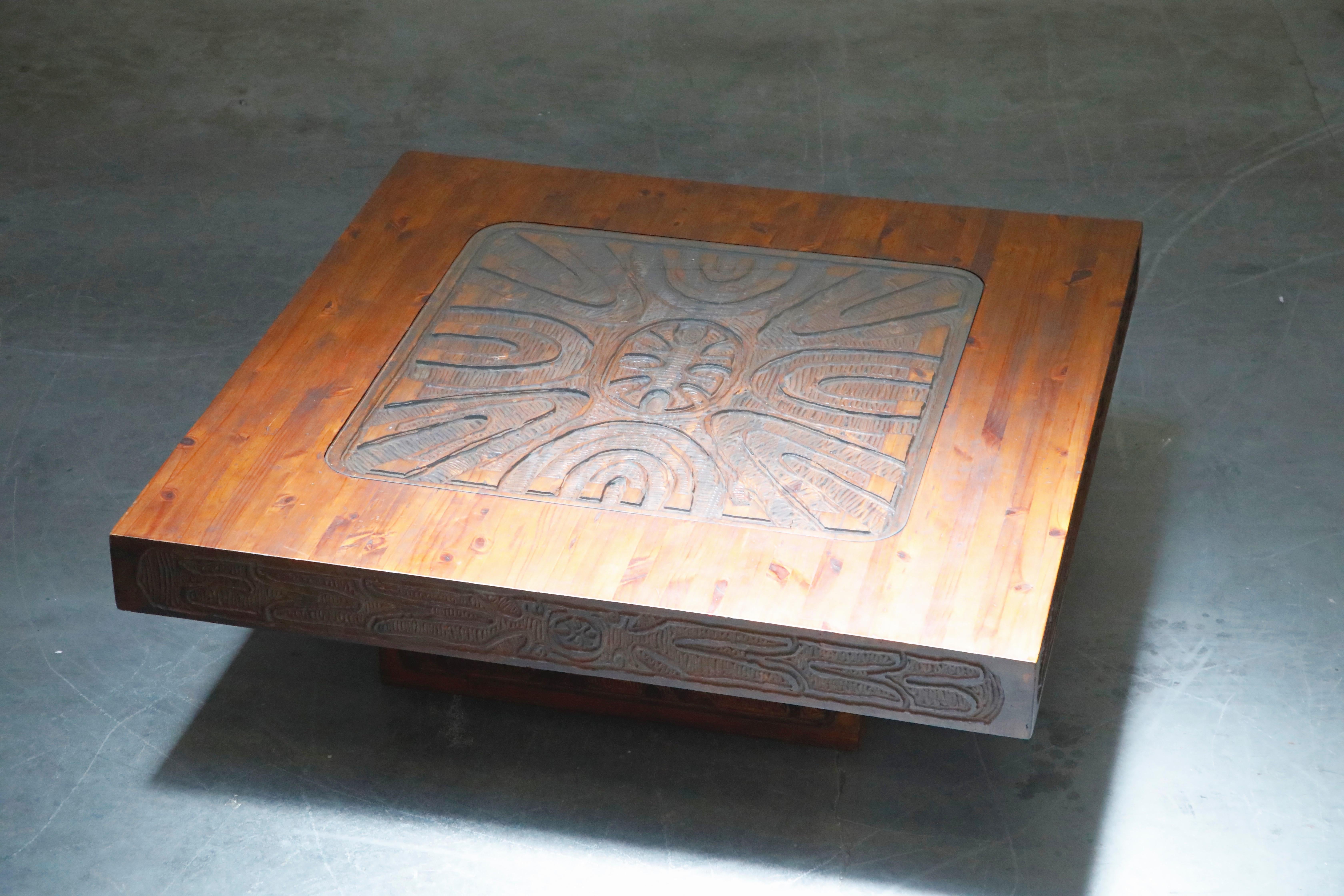Mexican Modern Carved Wood Coffee Table, circa 1970s In Good Condition In Los Angeles, CA