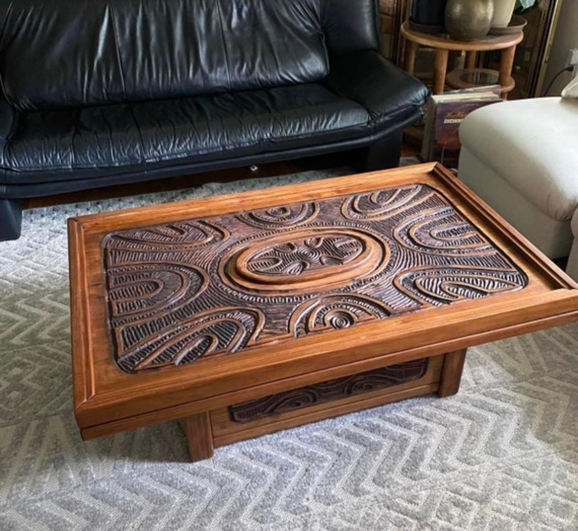 Mexican Modern Carved Pine Wood Coffee Table in the style of Evelyn Ackerman,
Circa 1970s