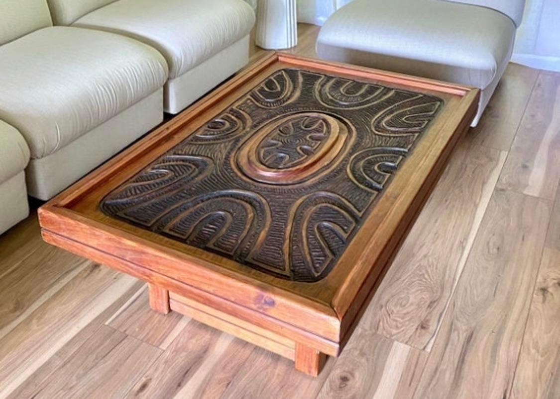 Mid-Century Modern Mexican Modern Carved Wood Coffee Table in Style of Evelyn Ackerman For Sale
