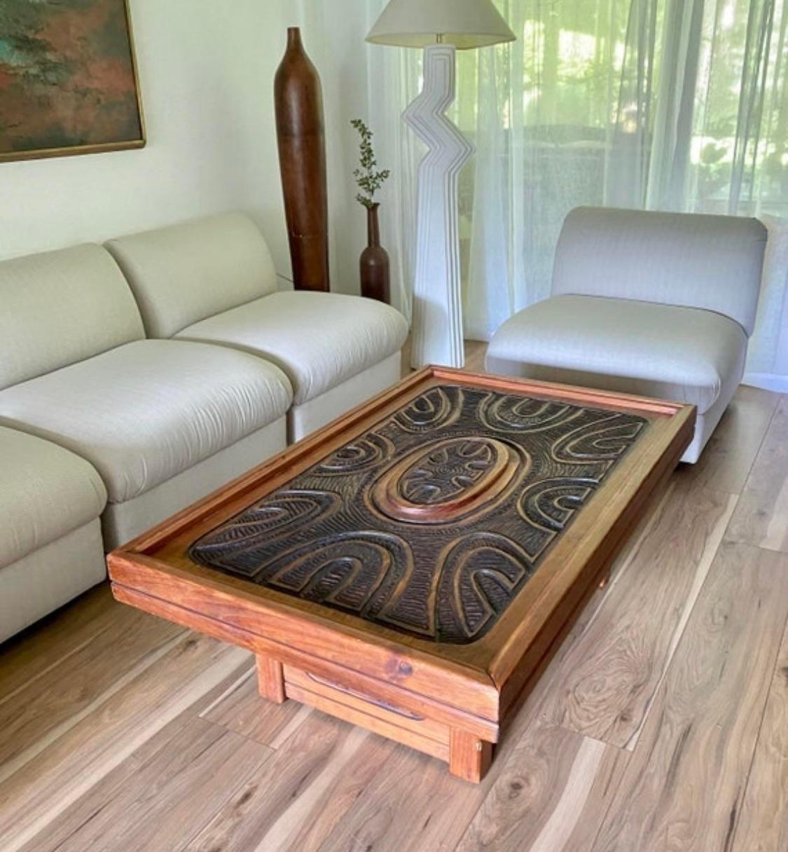 Mexican Modern Carved Wood Coffee Table in Style of Evelyn Ackerman In Good Condition For Sale In Elkton, MD