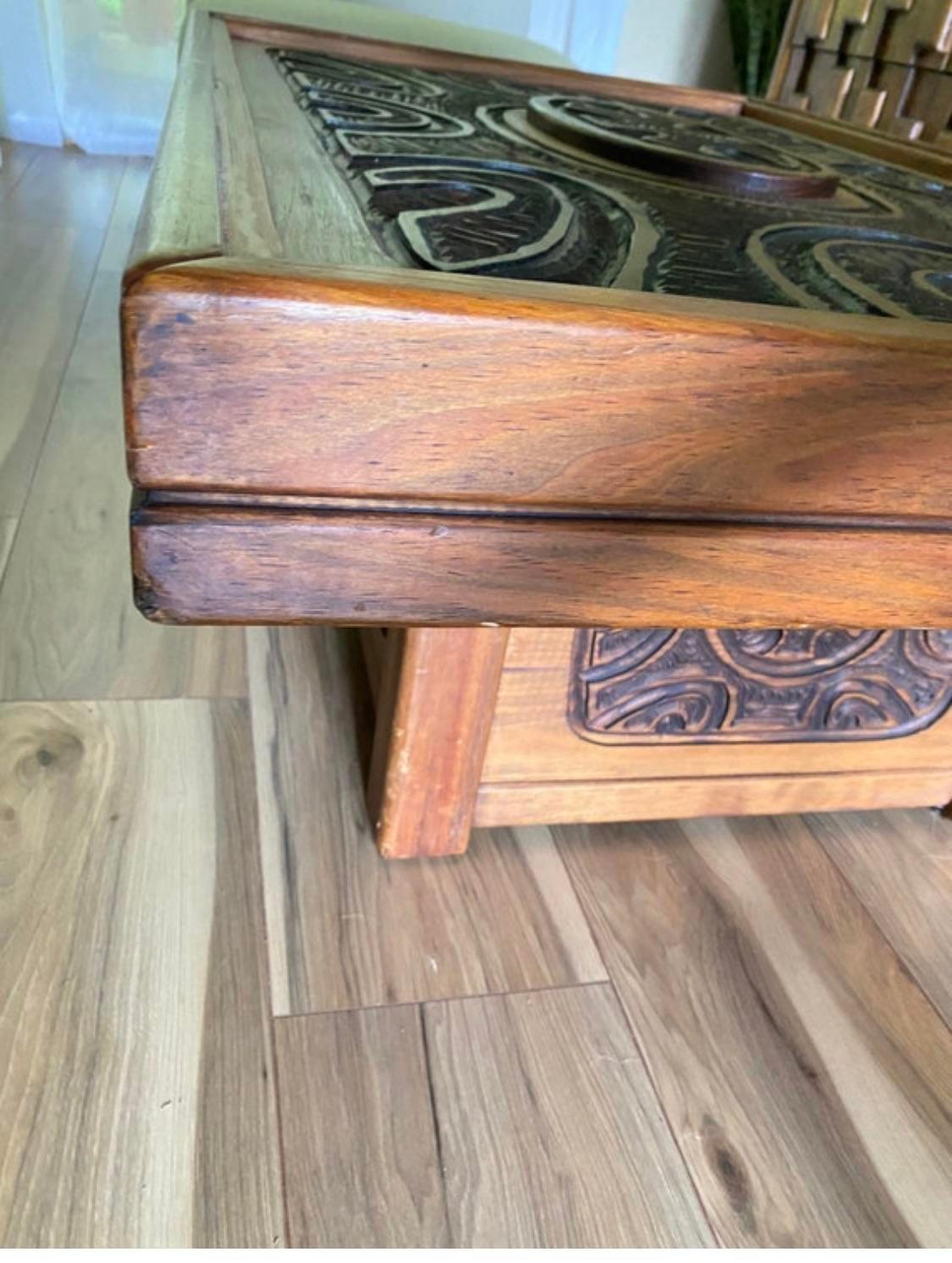 Late 20th Century Mexican Modern Carved Wood Coffee Table in Style of Evelyn Ackerman For Sale