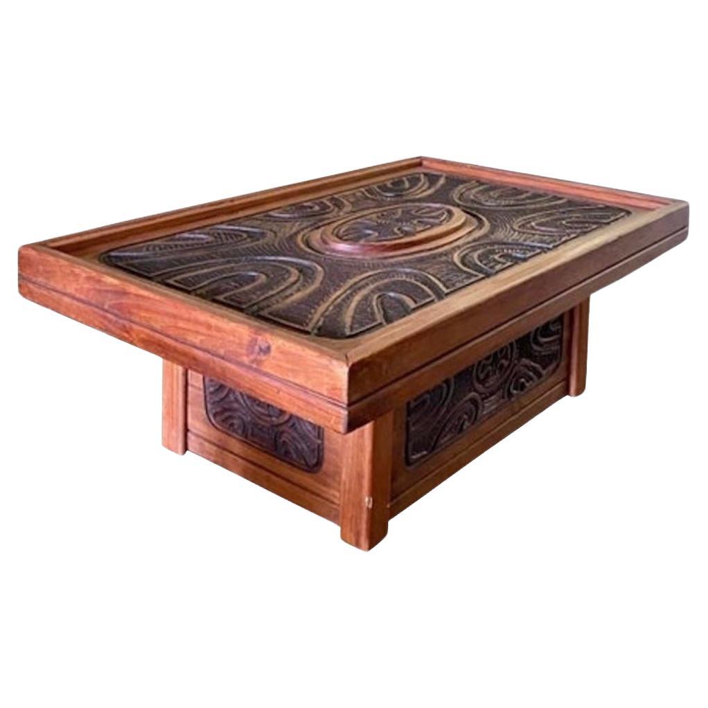 Mexican Modern Carved Wood Coffee Table in Style of Evelyn Ackerman