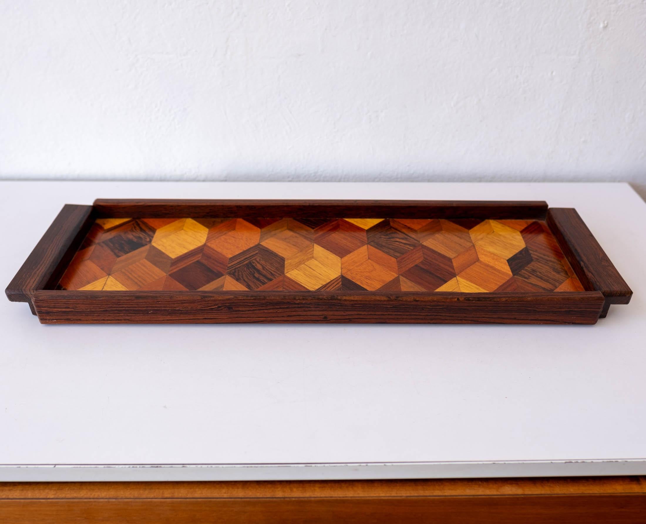 Wood Mexican Modern Don Shoemaker Inlaid Wall Mount Bar Tray For Sale