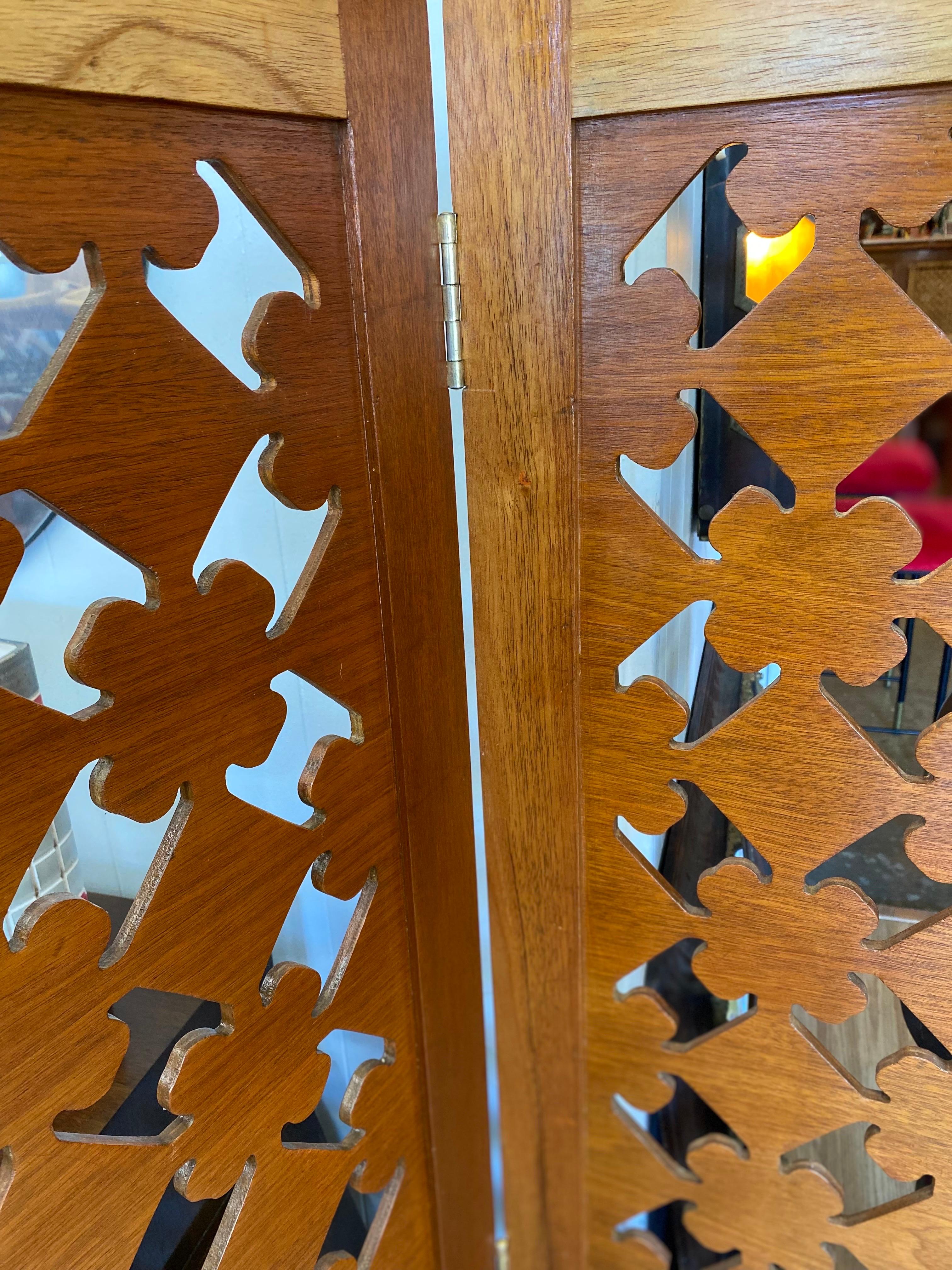Rustic Mexican Modern Hand Carved Wooden Folding Privacy Screen