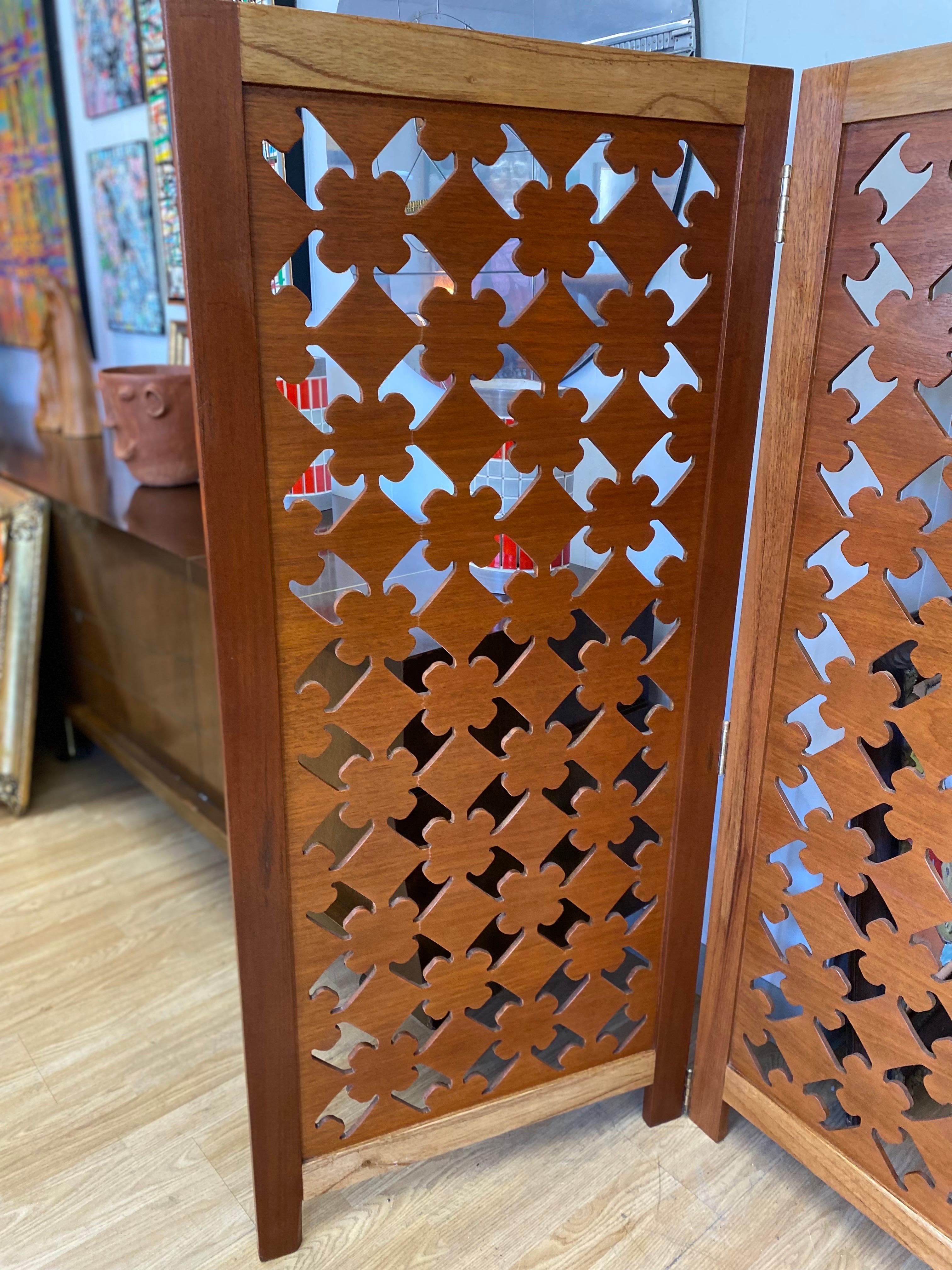 Mexican Modern Hand Carved Wooden Folding Privacy Screen 2