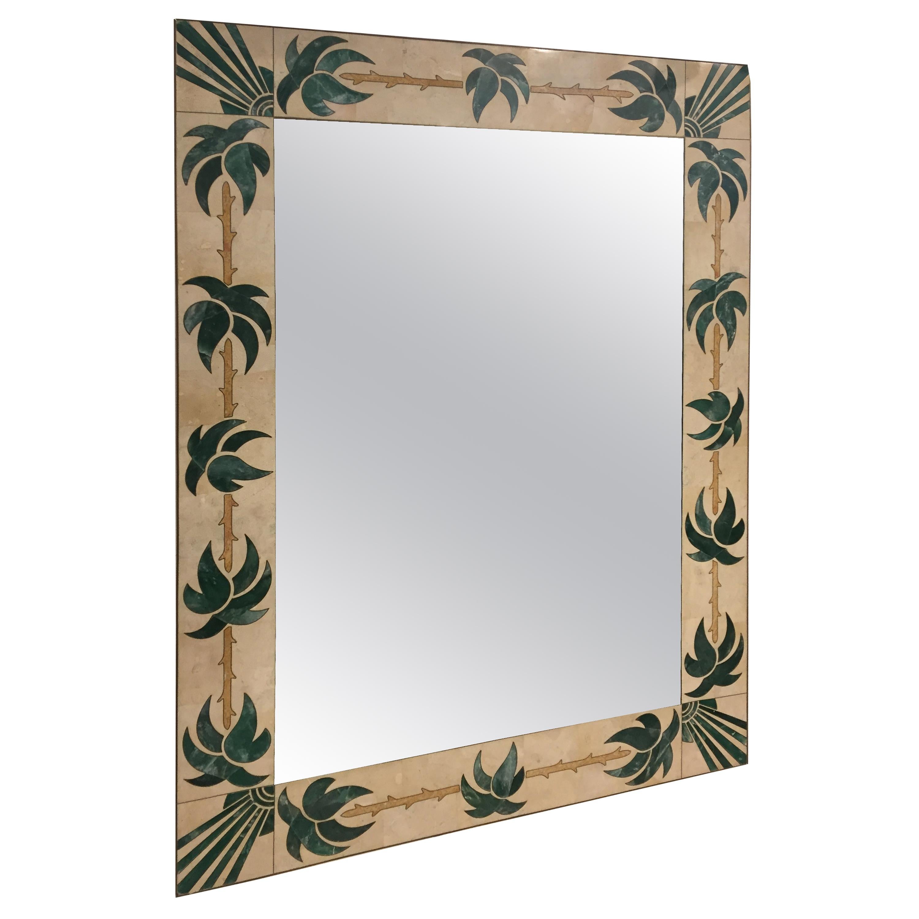 Mexican Modern Inlaid Stone and Brass Mirror