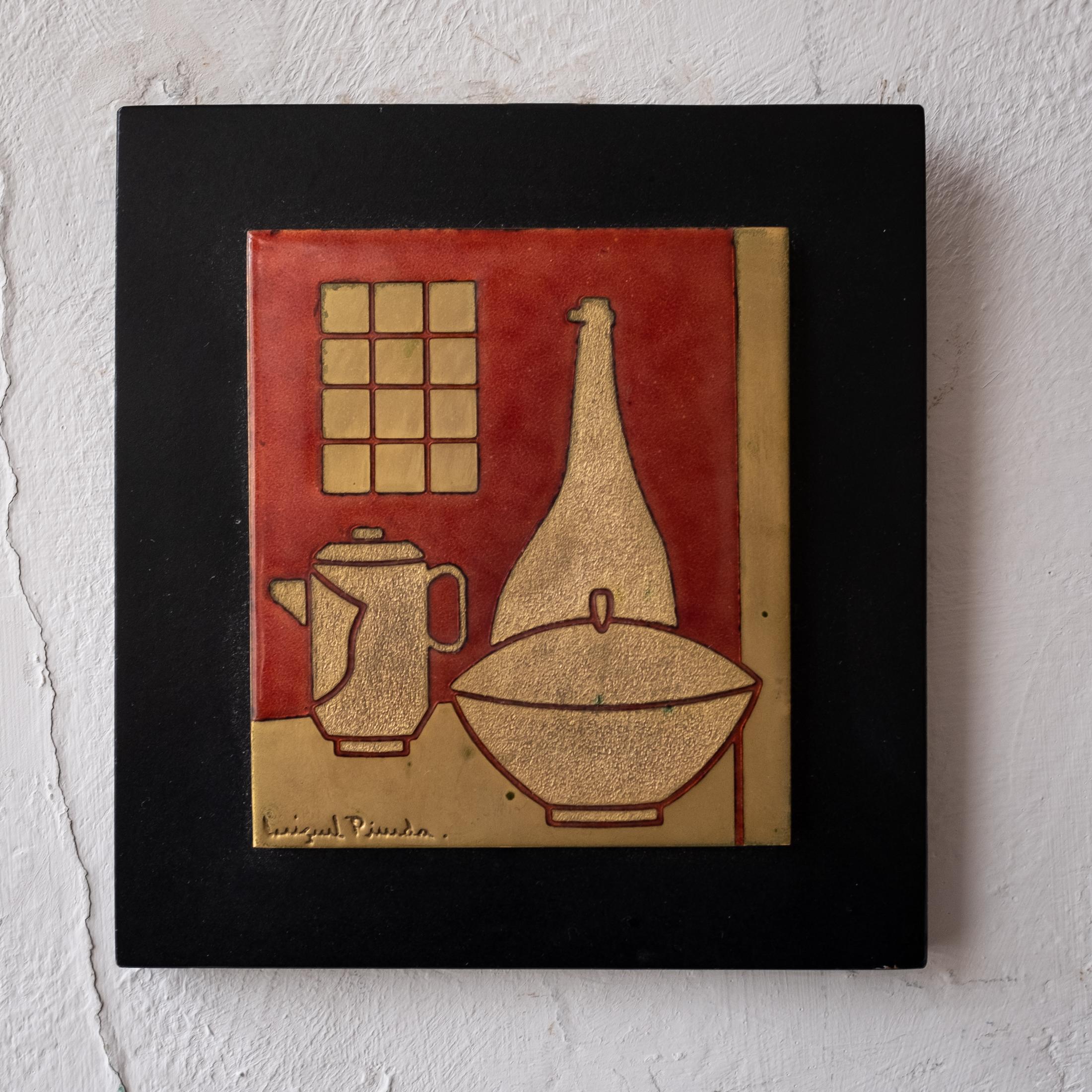 Enamel plaque by Mexican artist Miguel Pineda. This abstract still life is signed on the front and it retains an original gallery tag on the back. 

Hailing from Mexico City, Pineda studied under artist Maggie Howe. He is now regarded as an