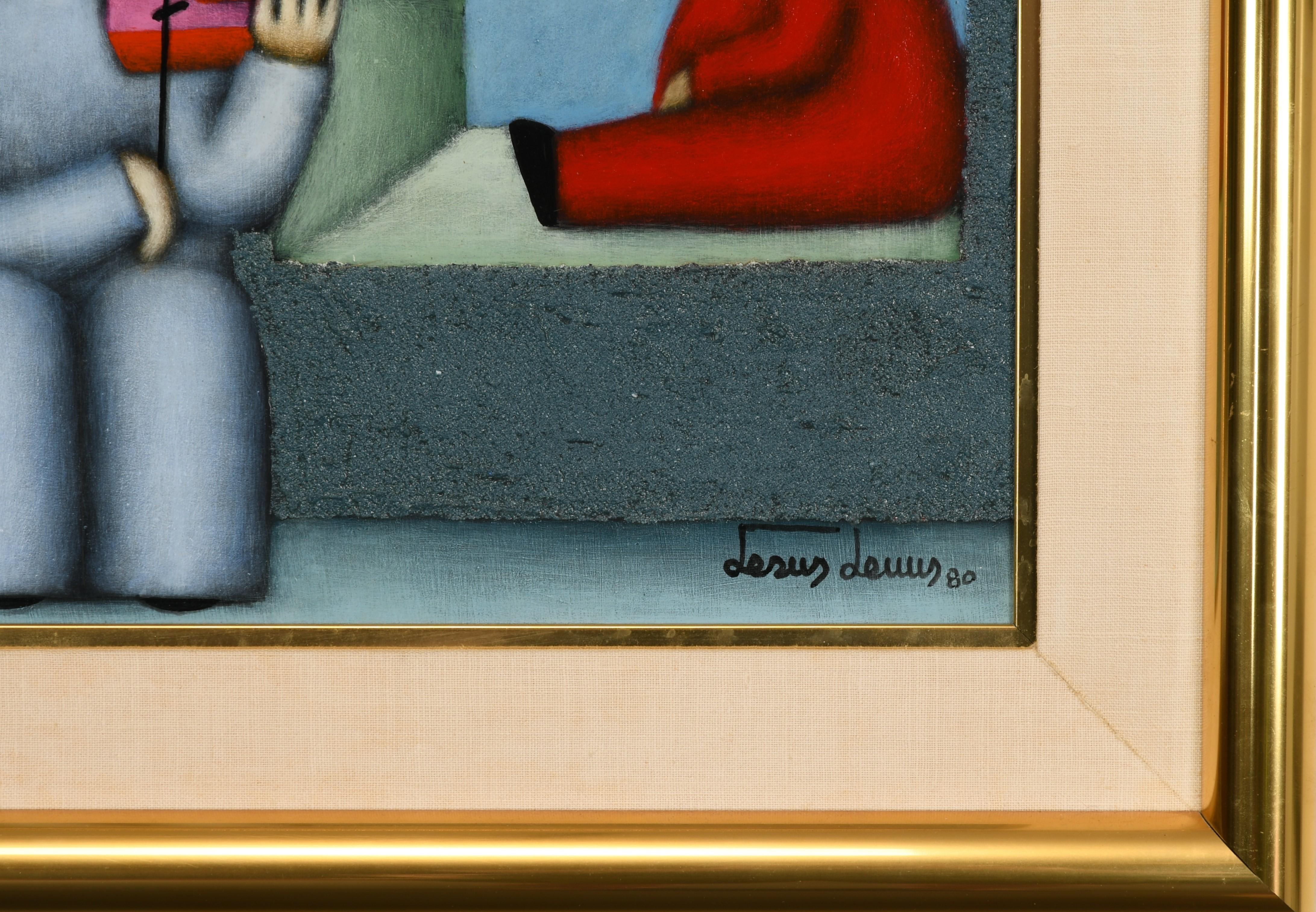 Highly collectible modern painting by Mexican artist Jesus Leuus, 1980. This painting depicts his familiar scenes of family. The giltwood frame is a nice accent with its simple design. Would look great in any modern or contemporary interior. Signed