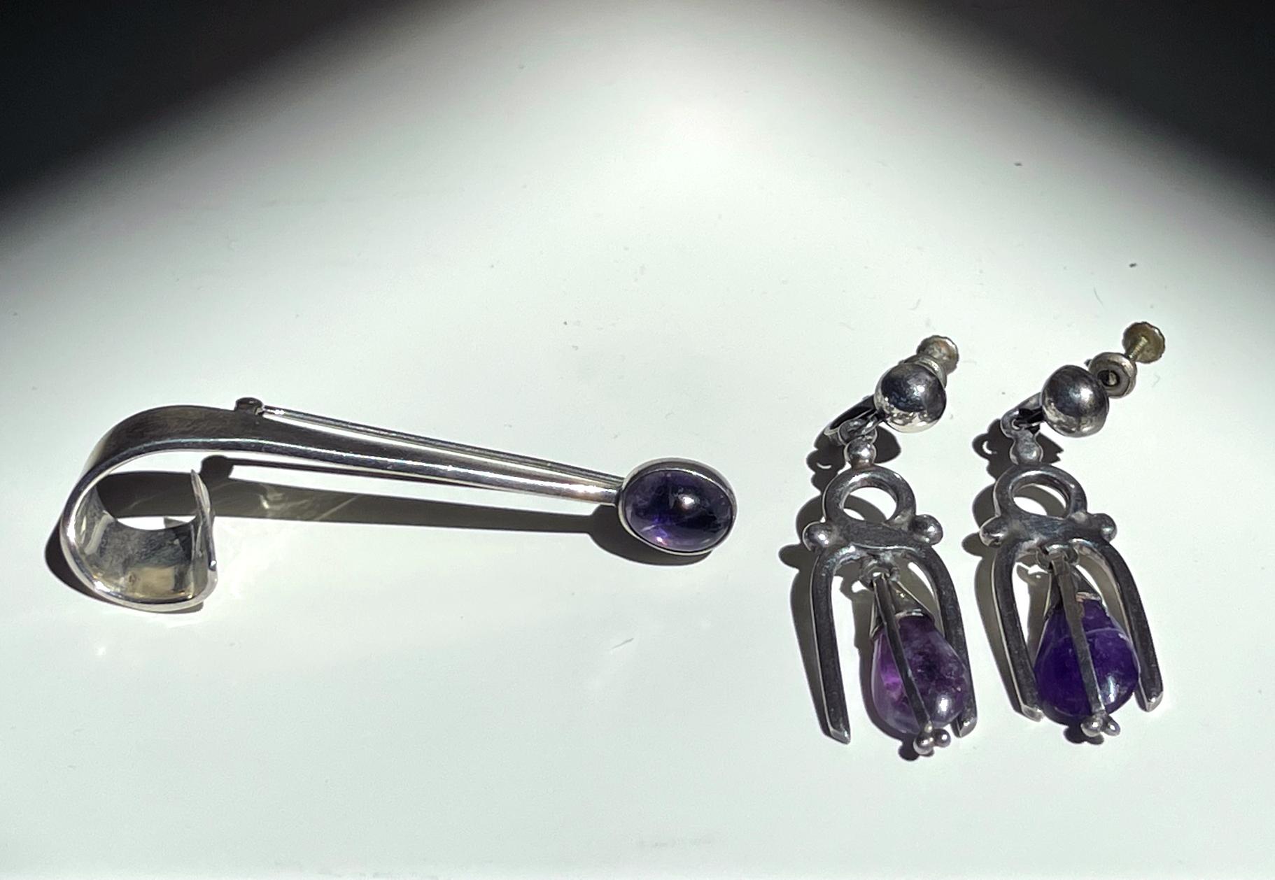 Mexican Modern Silver and Amethyst Brooch Antonio Pineda For Sale 2