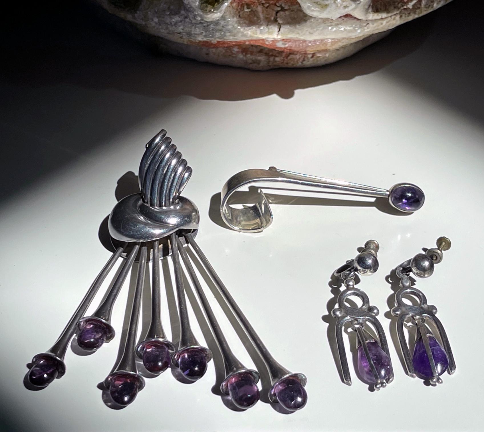 Mexican Modern Silver and Amethyst Brooch Antonio Pineda For Sale 3
