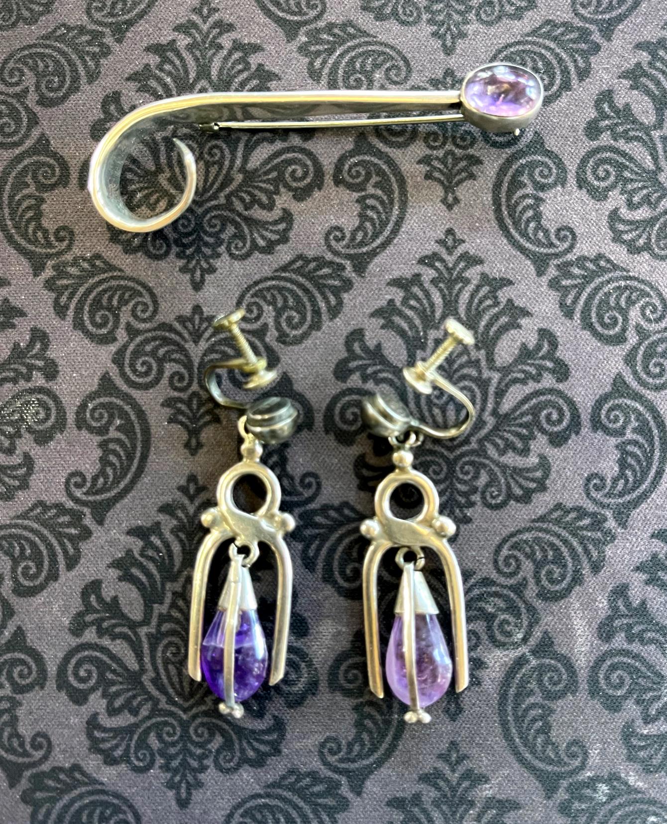 20th Century Mexican Modern Silver and Amethyst Earrings Antonio Pineda  For Sale