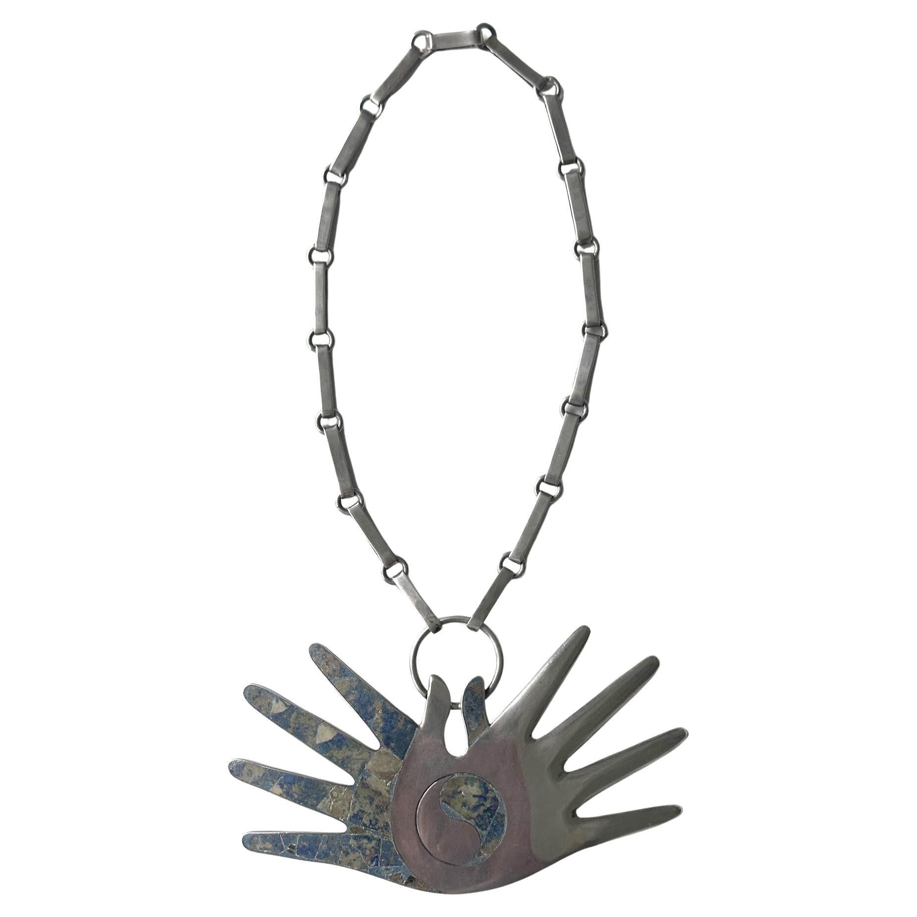 Mexican Modern Silver Necklace with Large Hand Pendent William Spratling