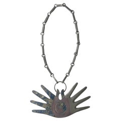Mexican Modern Silver Necklace with Large Hand Pendent William Spratling