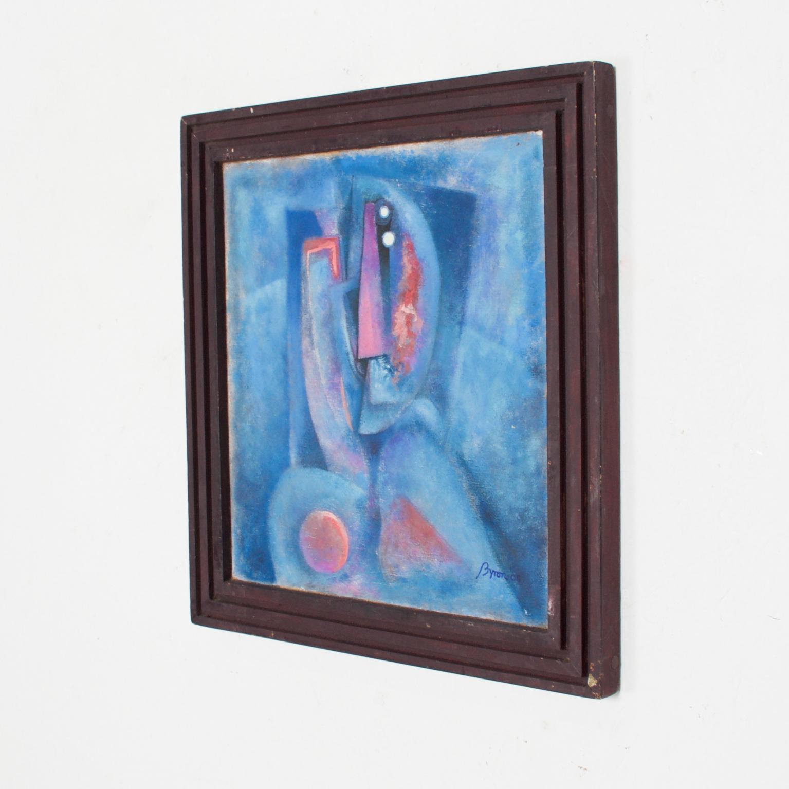 Mexican Art
Vibrant Artwork blue oil abstract painting Mexican modernism by Byron Galvez Mexico
Oil painting on wood, no glass. Signed, Byron 06
Dimensions: 13