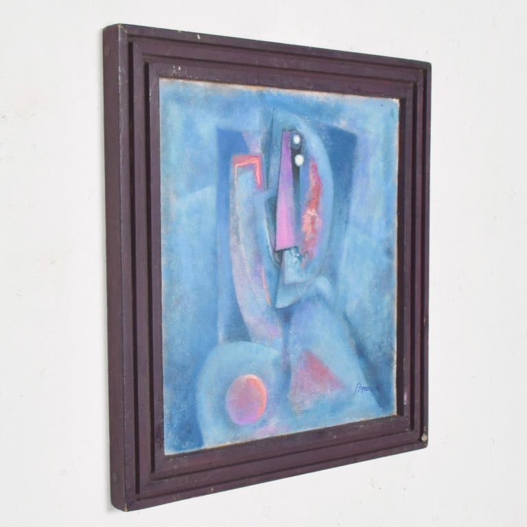 Expressionist Mexican Modern Cubism Blue Abstract Oil Painting signed Byron Galvez 2006 For Sale