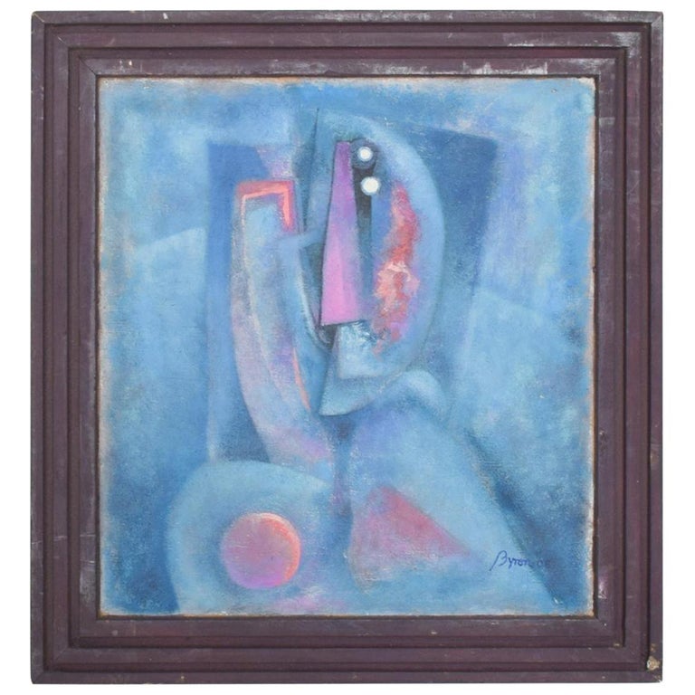 Mexican Modern Cubism Blue Abstract Oil Painting signed Byron Galvez 2006 For Sale