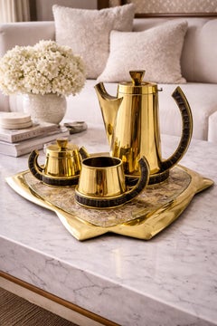 Set da caffè del Modernismo messicano in ottone massiccio e vetro di Salvador Teran, firmato