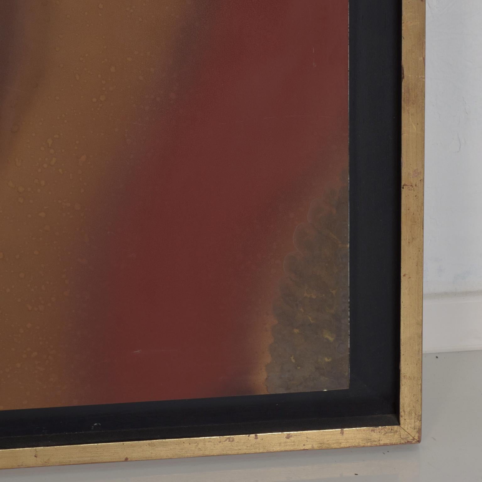 
Large Abstract Painting Wall Art in Bronze by Raul Monje, Mexican Artist
Art framed in gold. 
29.13 W x 37 tall x 1.75 D. Art 24 W x 32.5
Original preowned vintage unrestored condition.
Refer to the images.