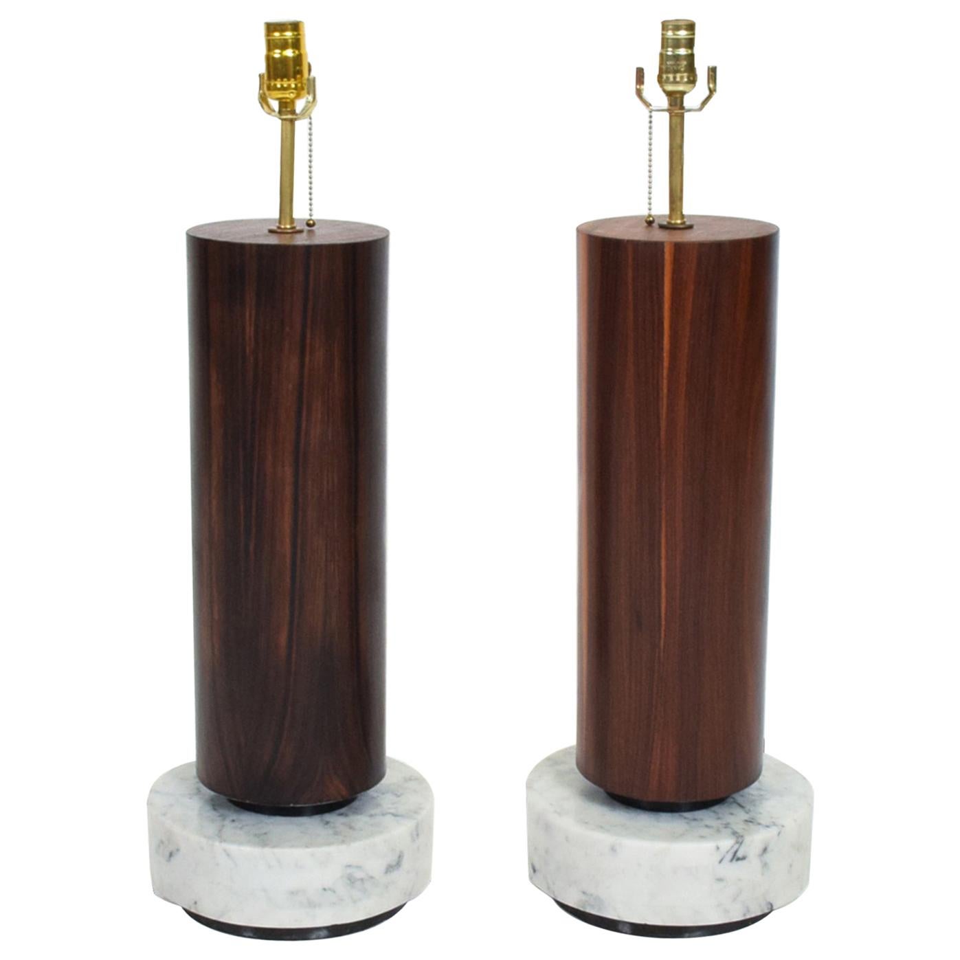 Mexican Modernism Tall Cylinder Table Lamps Marble & Rosewood 1960s Mexico City