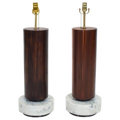 Vintage 1960s Tall Cylinder Table Lamps Marble & Rosewood Mexico City