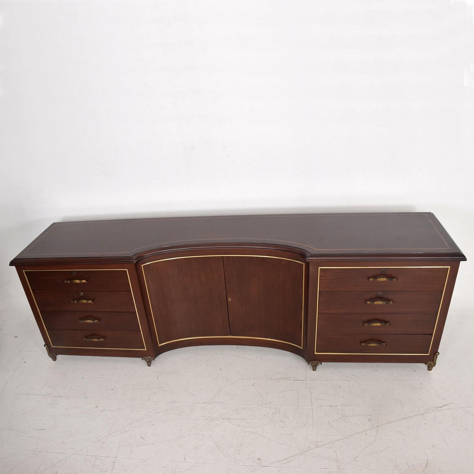 Mexican Modernist Arturo Pani 1950s Mahogany and Bronze Curved Credenza Dresser 1