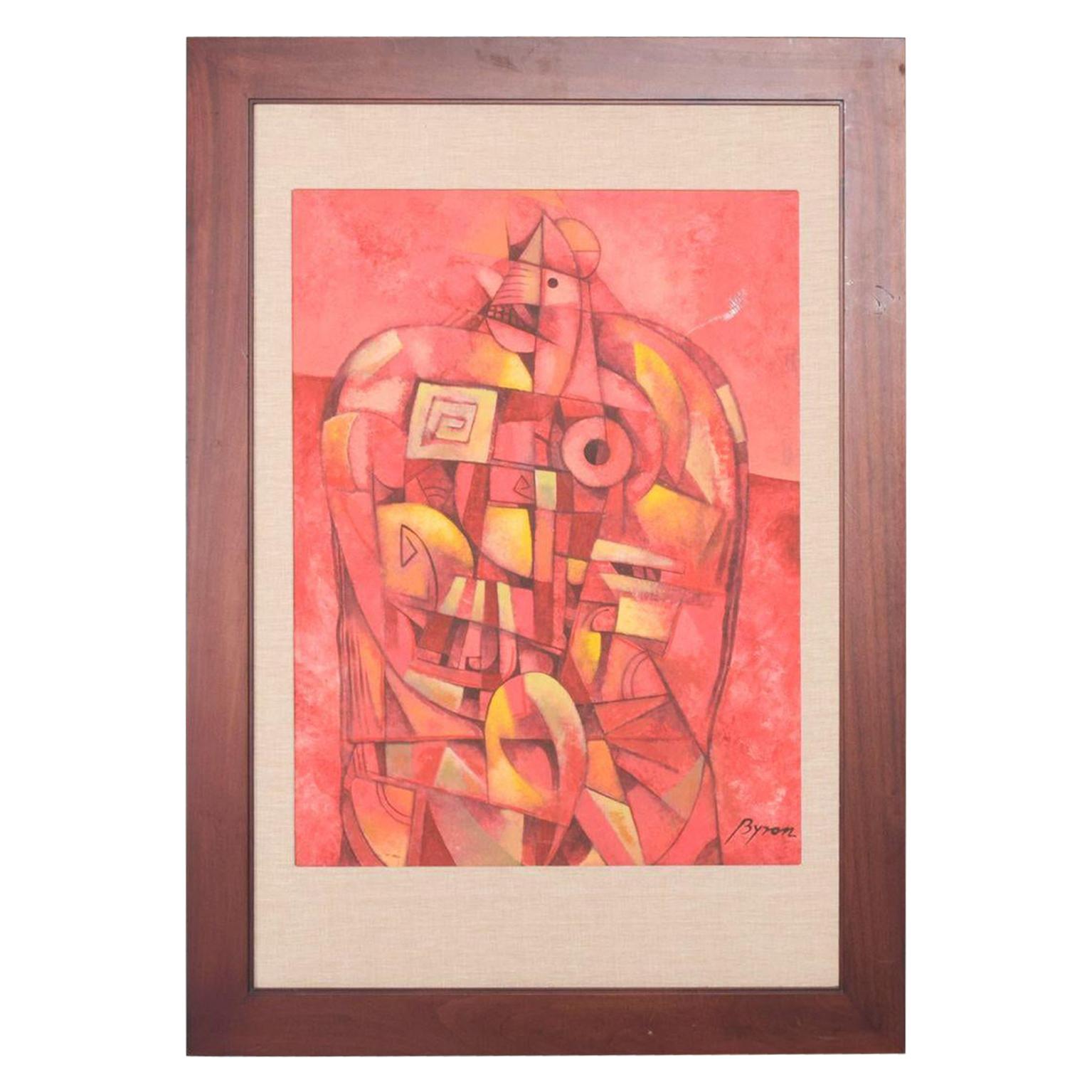 1980s Pink Rooster Abstract Art Mixed-Media Mexican Modernist Byron Gálvez