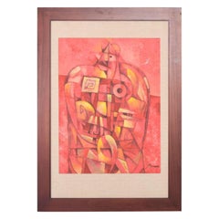  Pink Rooster Abstract Art Mixed-Media by Mexican Modernist Byron Gálvez 1980s