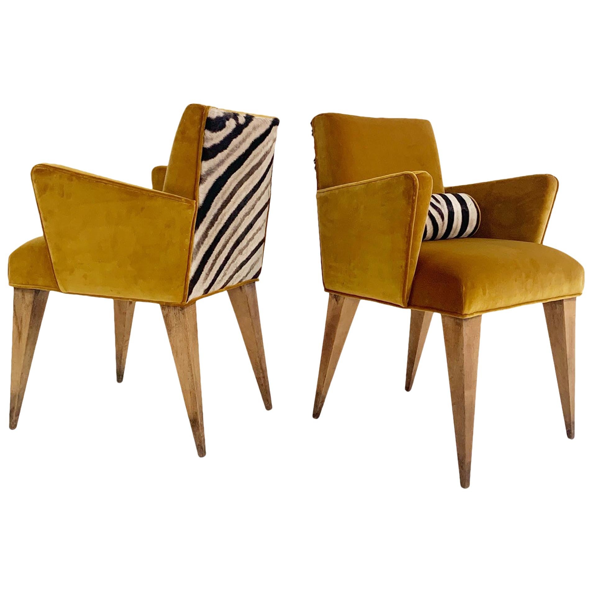 Mexican Modernist Chairs in Loro Piana Velvet and Zebra Hide, Pair