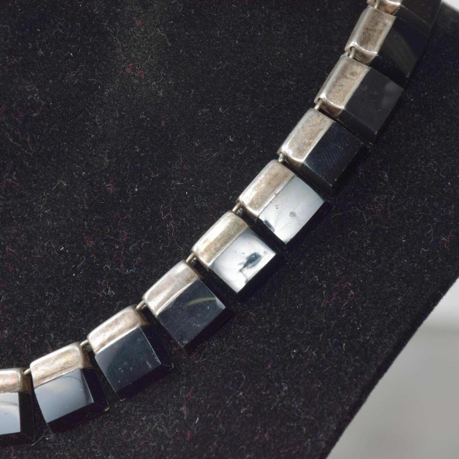 Patinated 1960s Modernist Silver Onyx Choker Necklace Los Castillo Taxco