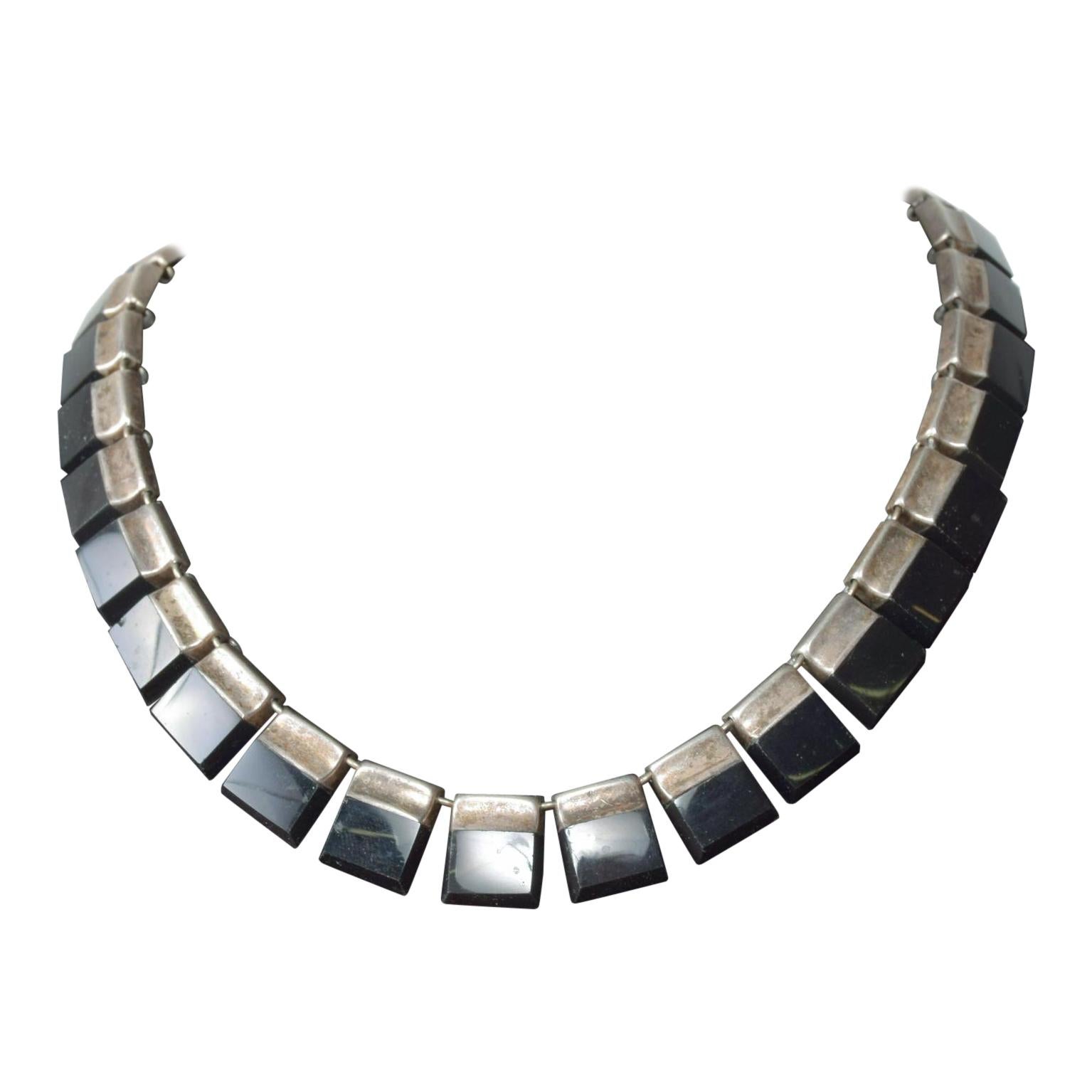 1960s Modernist Silver Onyx Choker Necklace Los Castillo Taxco For Sale