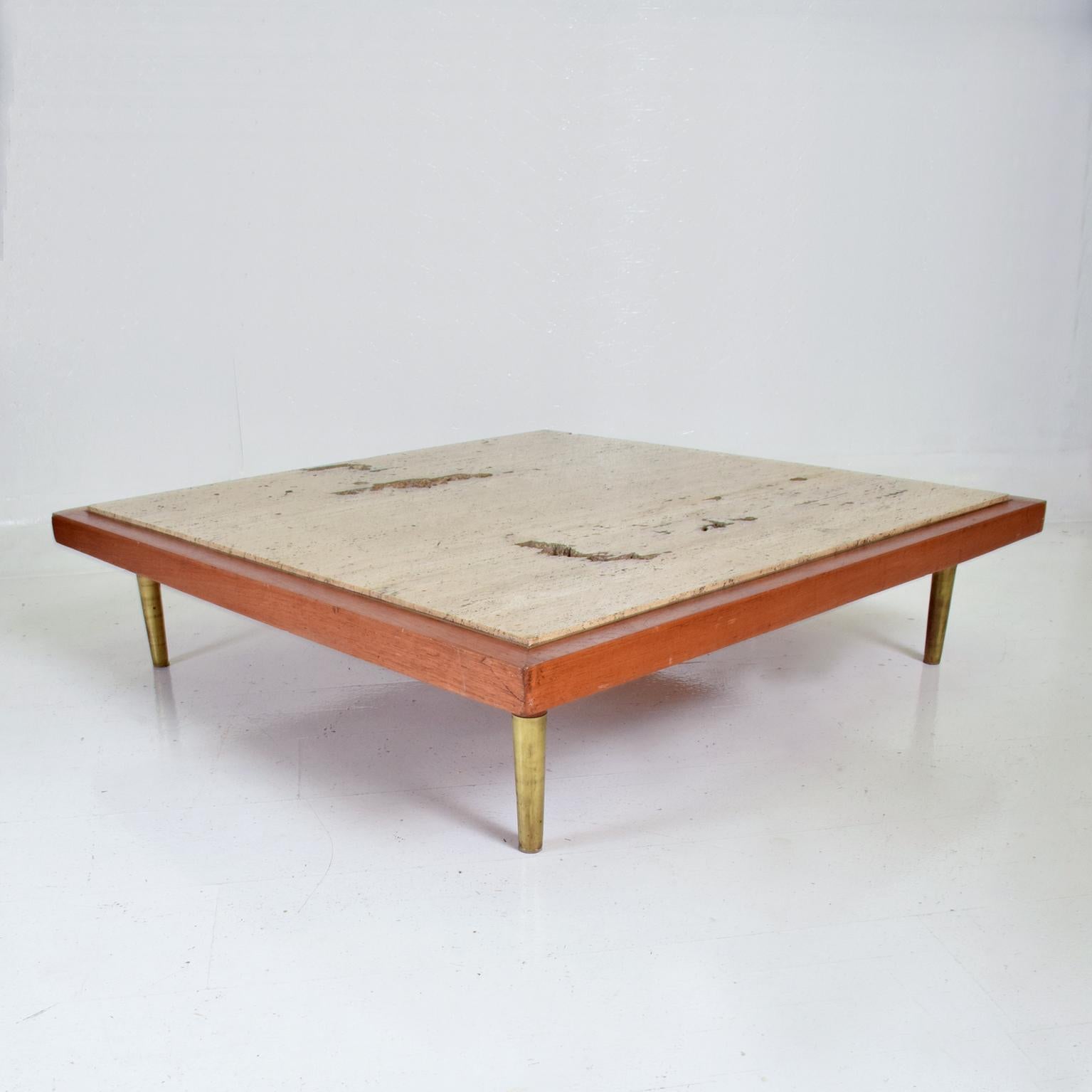 Mexican Frank Kyle Low Profile Coffee Table Travertine Mahogany Brass Hip 1960s