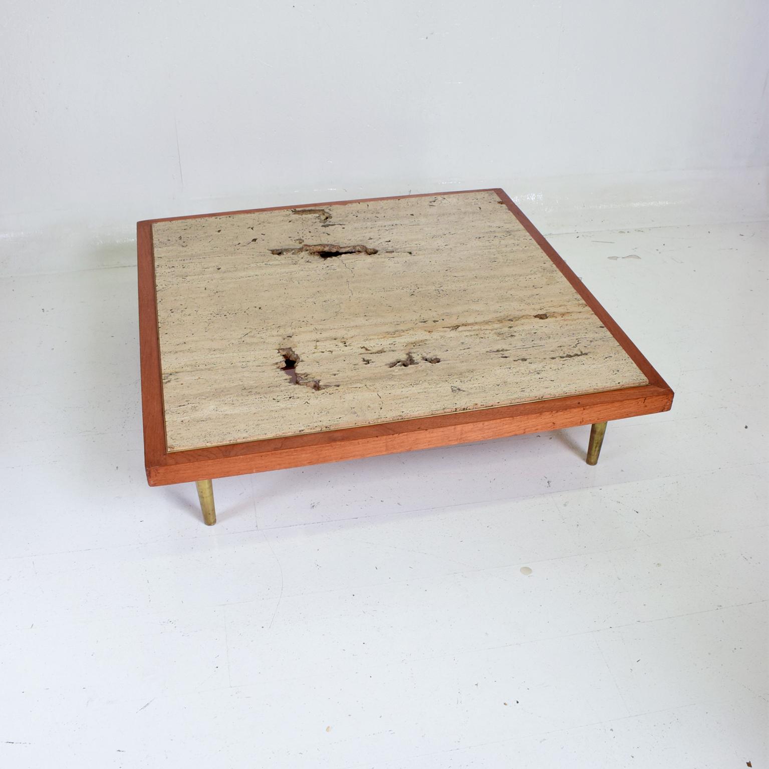 Patinated Frank Kyle Low Profile Coffee Table Travertine Mahogany Brass Hip 1960s