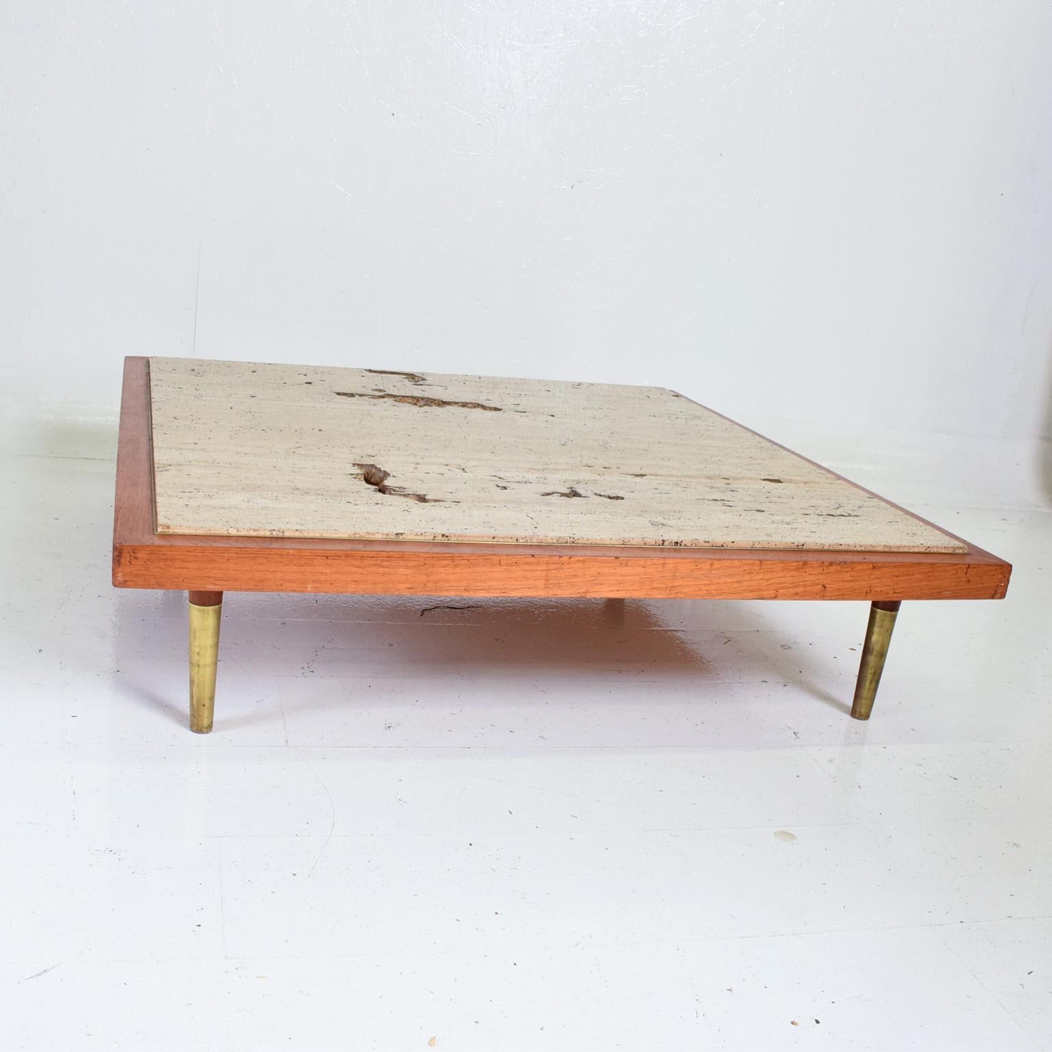 Frank Kyle Low Profile Coffee Table Travertine Mahogany Brass Hip 1960s In Good Condition In Chula Vista, CA