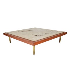 Frank Kyle Low Profile Coffee Table Travertine Mahogany Brass Hip 1960s