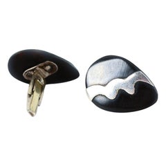 Mexican Modernist Freeform Cufflinks Sterling Silver Onyx TAXCO