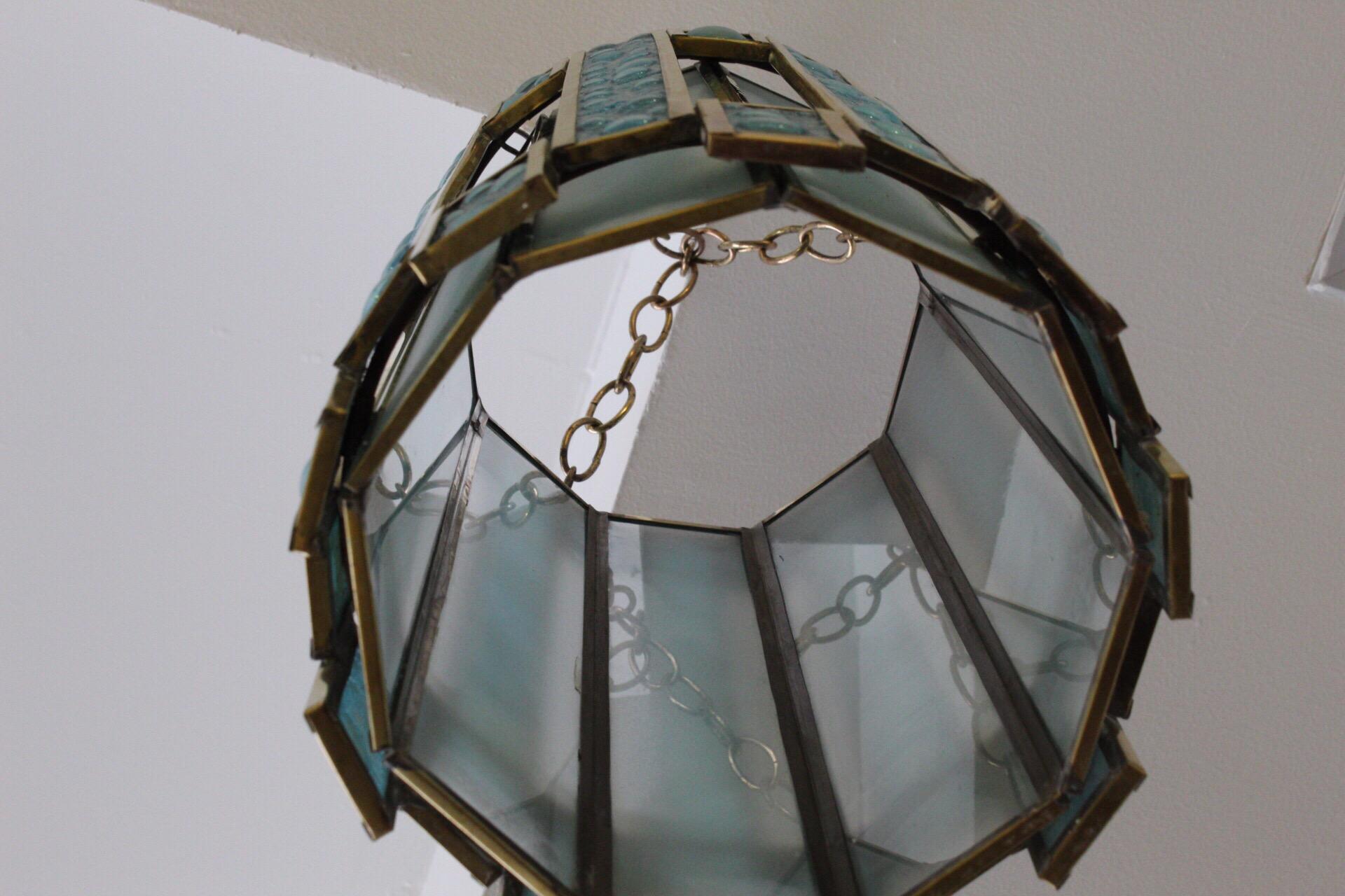 Mexican Modernist Glass and Brass Chandelier by Feders 2