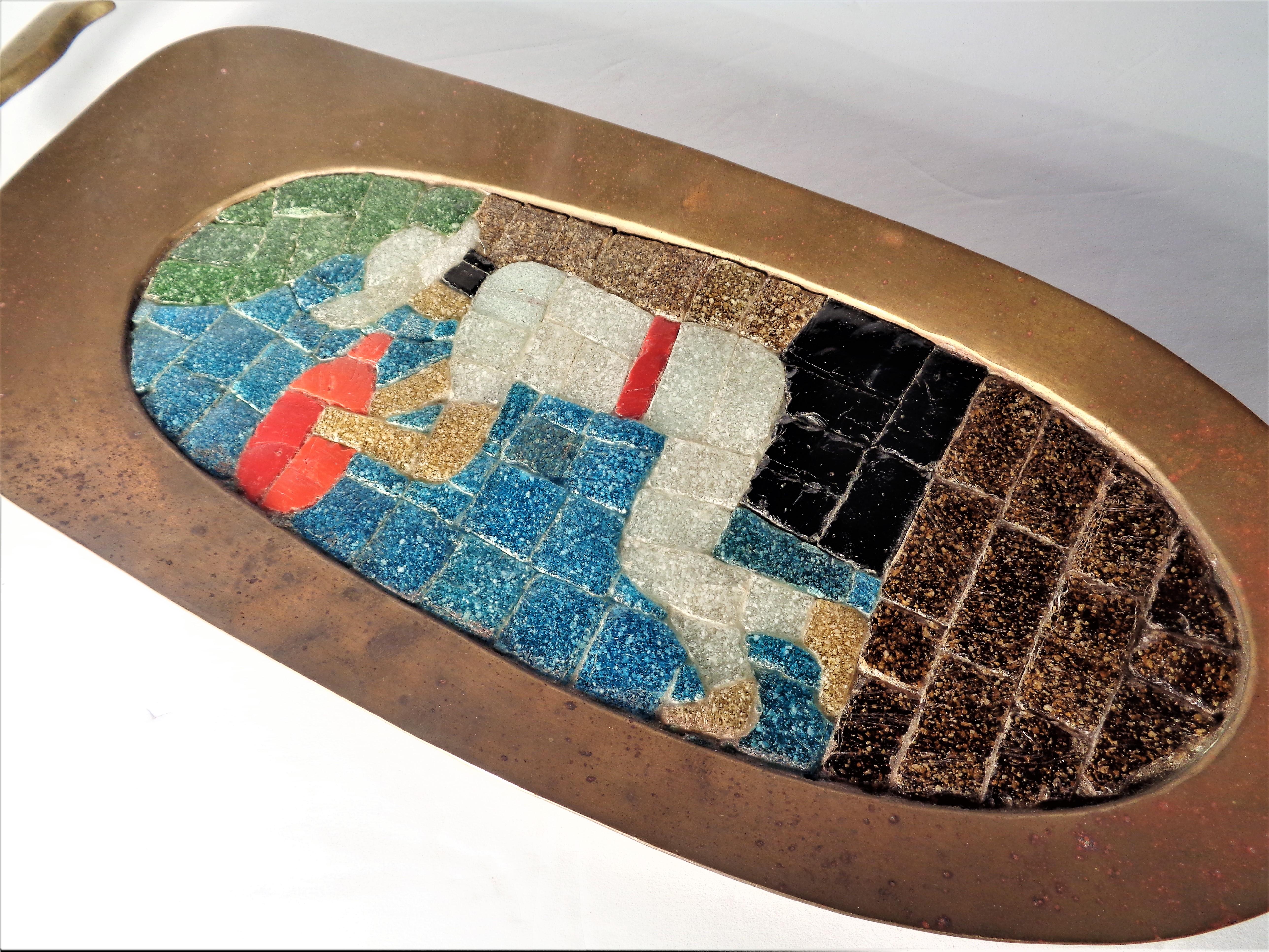 Mexican Modernist Glass Mosaic and Brass Wall Plaque by Salvador Teran 1950's In Good Condition In Rochester, NY