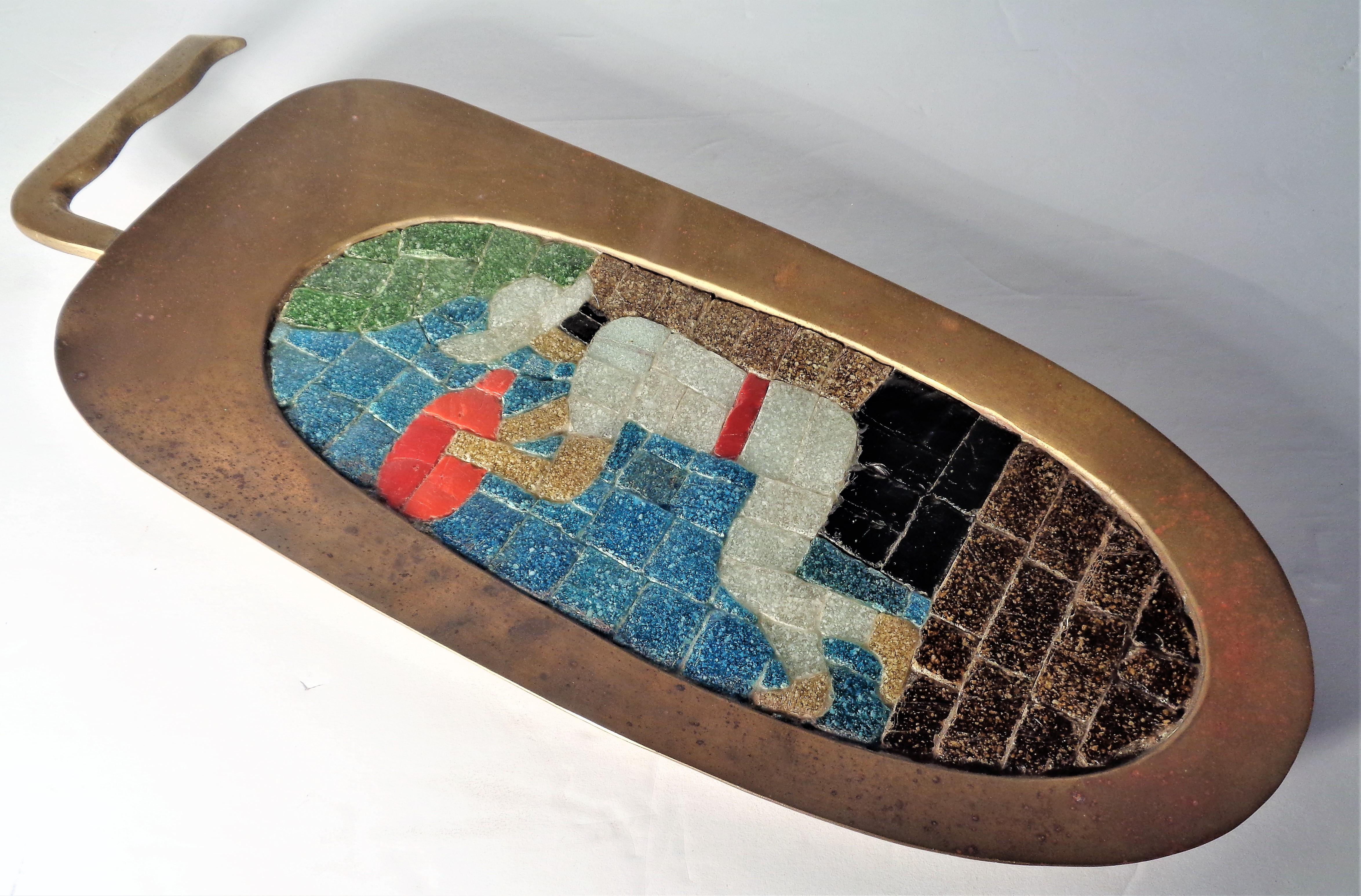 Mexican Modernist Glass Mosaic and Brass Wall Plaque by Salvador Teran 1950's 2