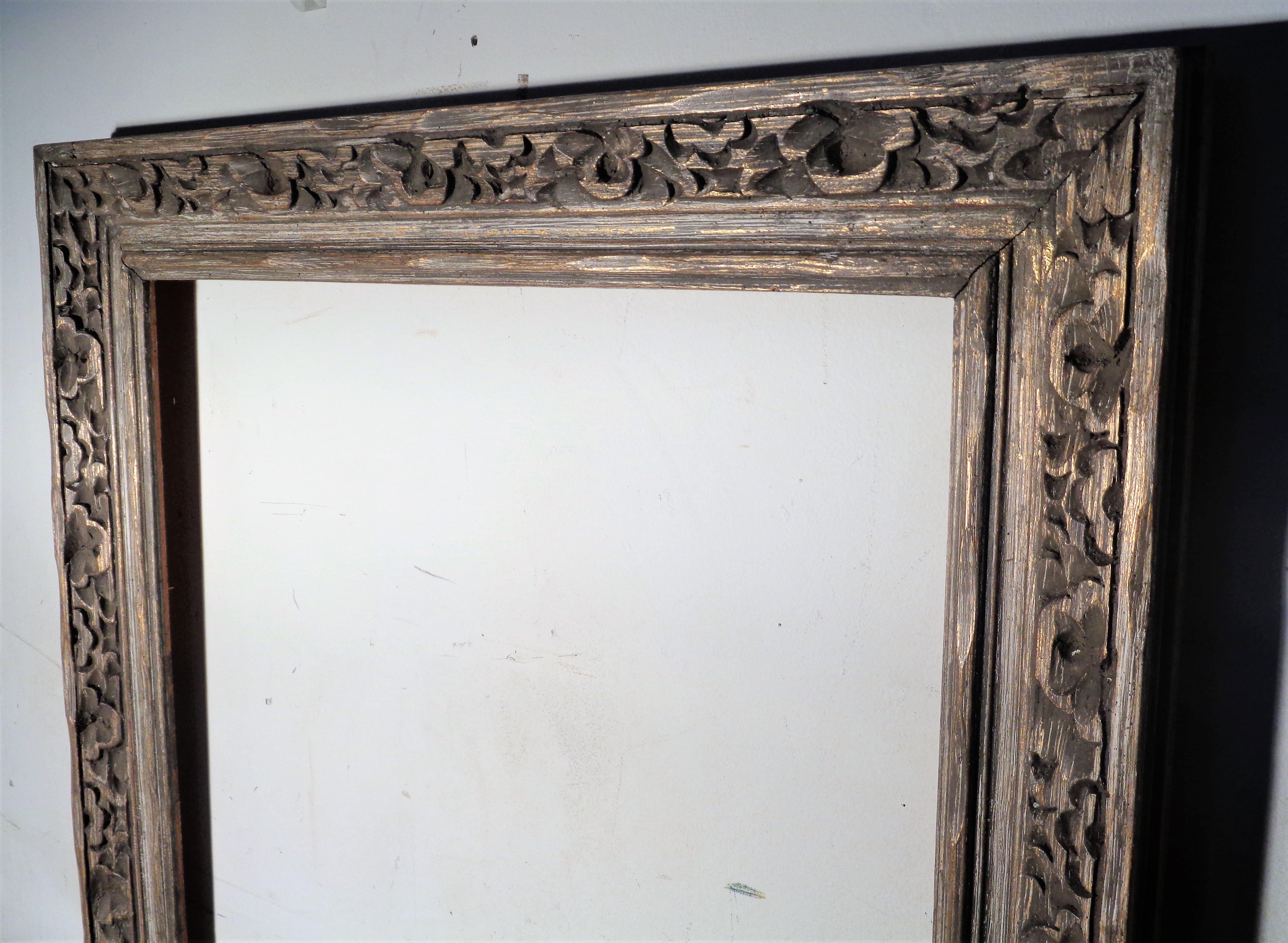 Mexican modernist style large carved pine wood frame in beautifully aged original gray washed and lightly gilded surface. Circa 1960. Great frame for artwork or mirror. Look at all pictures and read condition report in comment section.