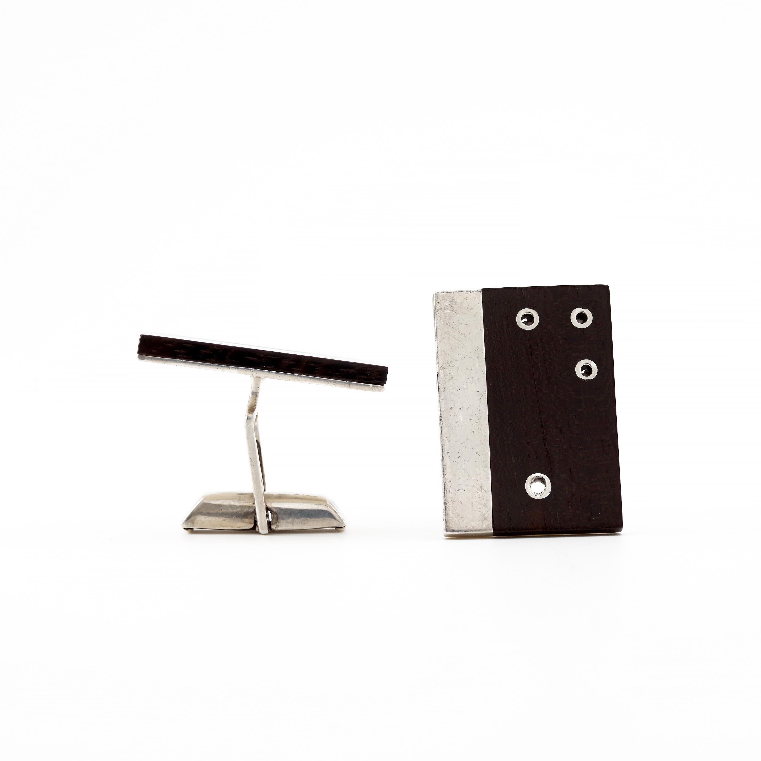 Women's or Men's Cufflinks by Sigi Pineda in Rosewood and Silver with Tie Bar, Wood Intact 